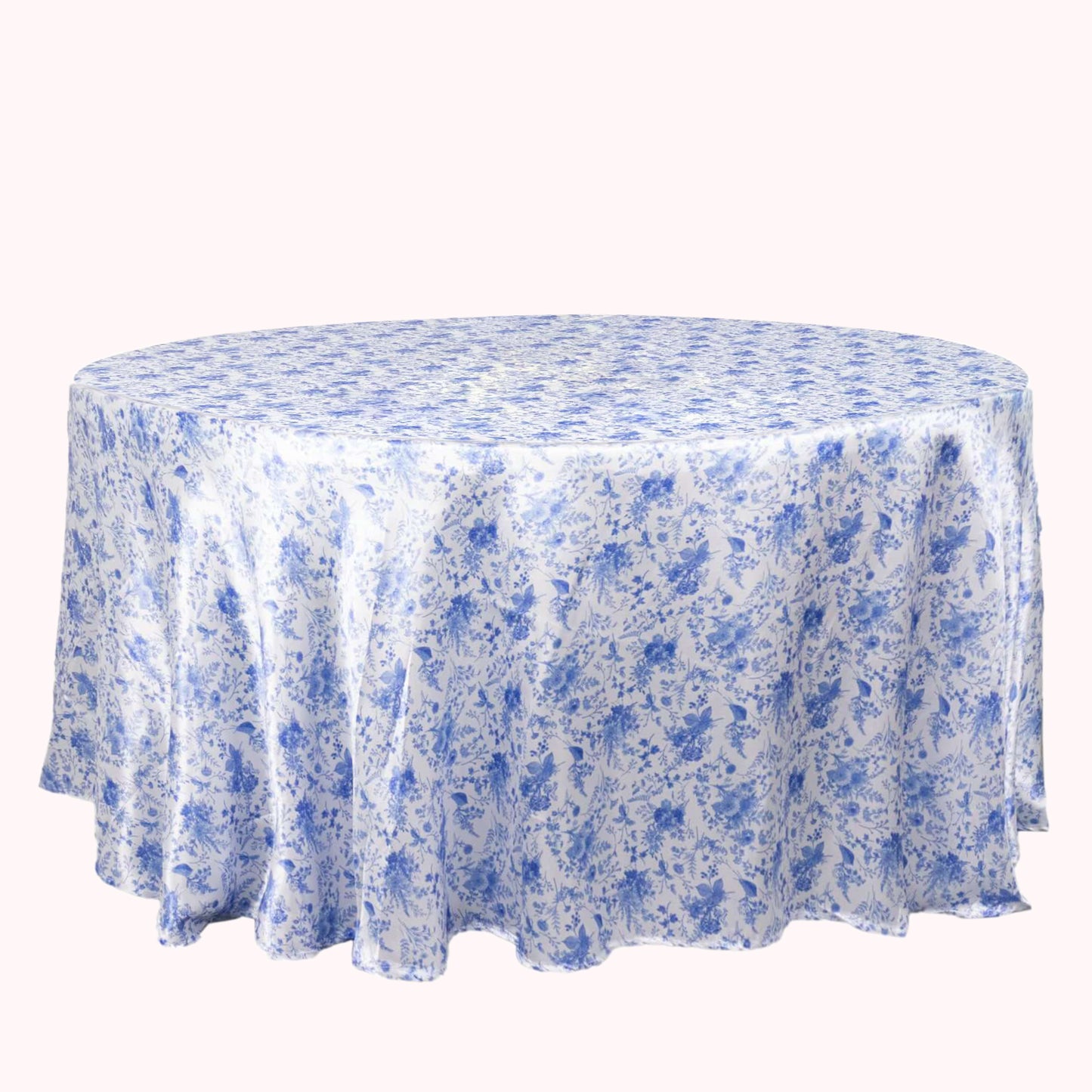 120" White Blue Seamless Satin Round Tablecloth in French Toile Floral Pattern, Wrinkle Resistant Tablecloth for 5 Foot Table With Floor-Length Drop