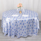120" White Blue Seamless Satin Round Tablecloth in French Toile Floral Pattern, Wrinkle Resistant Tablecloth for 5 Foot Table With Floor-Length Drop