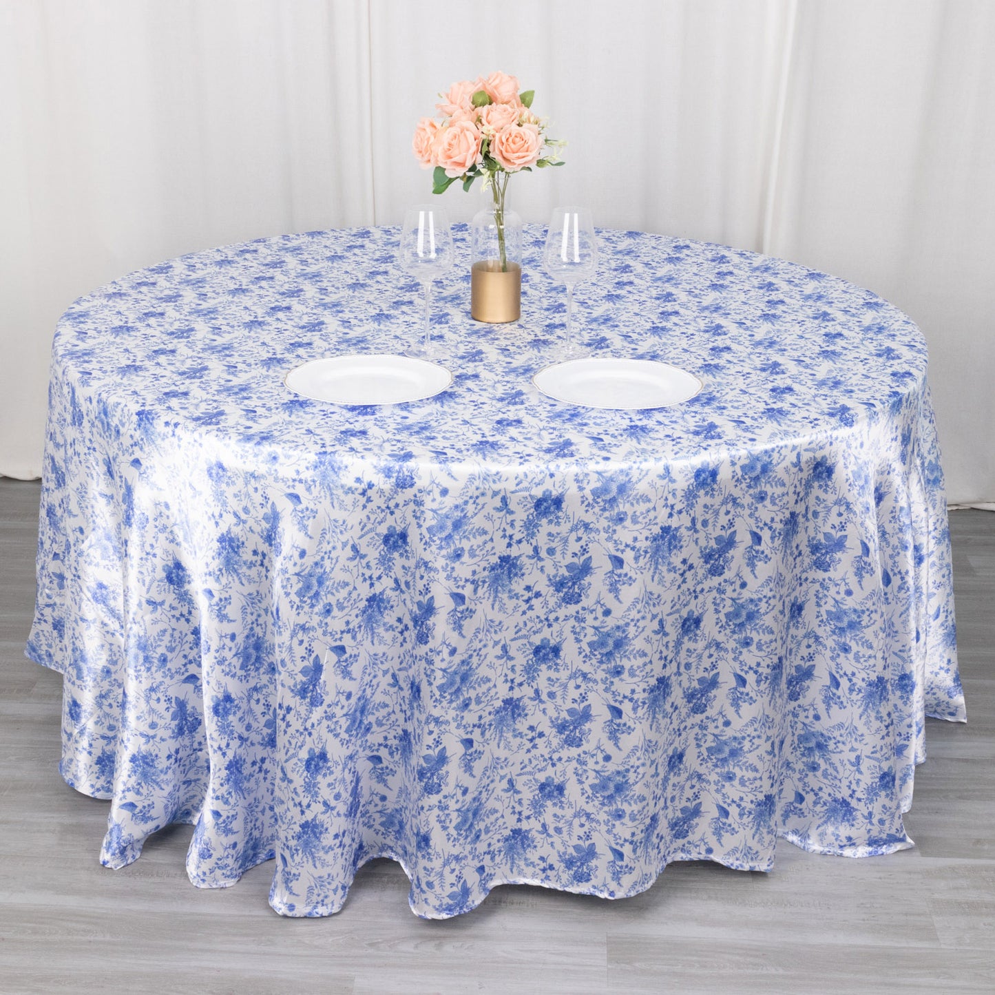 120" White Blue Seamless Satin Round Tablecloth in French Toile Floral Pattern, Wrinkle Resistant Tablecloth for 5 Foot Table With Floor-Length Drop