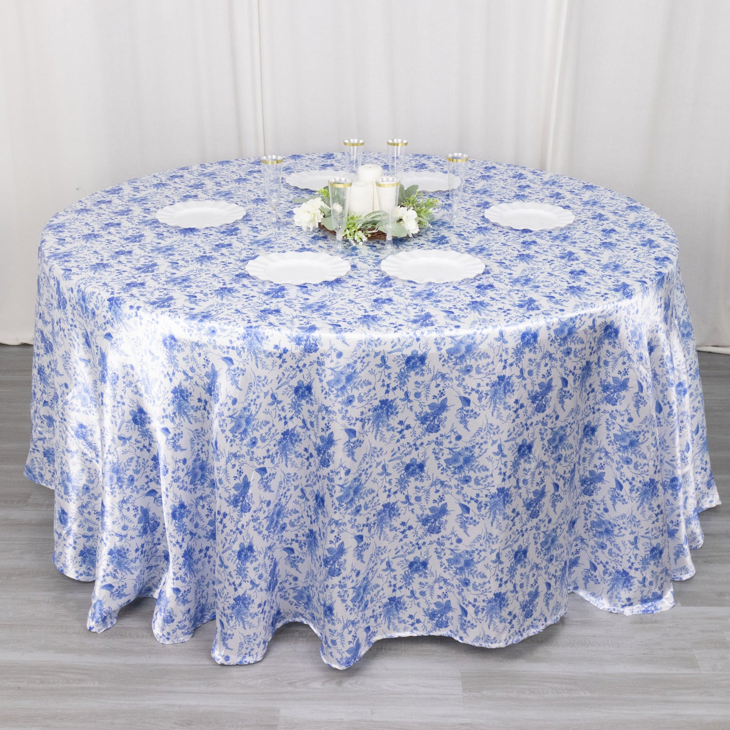120" White Blue Seamless Satin Round Tablecloth in French Toile Floral Pattern, Wrinkle Resistant Tablecloth for 5 Foot Table With Floor-Length Drop