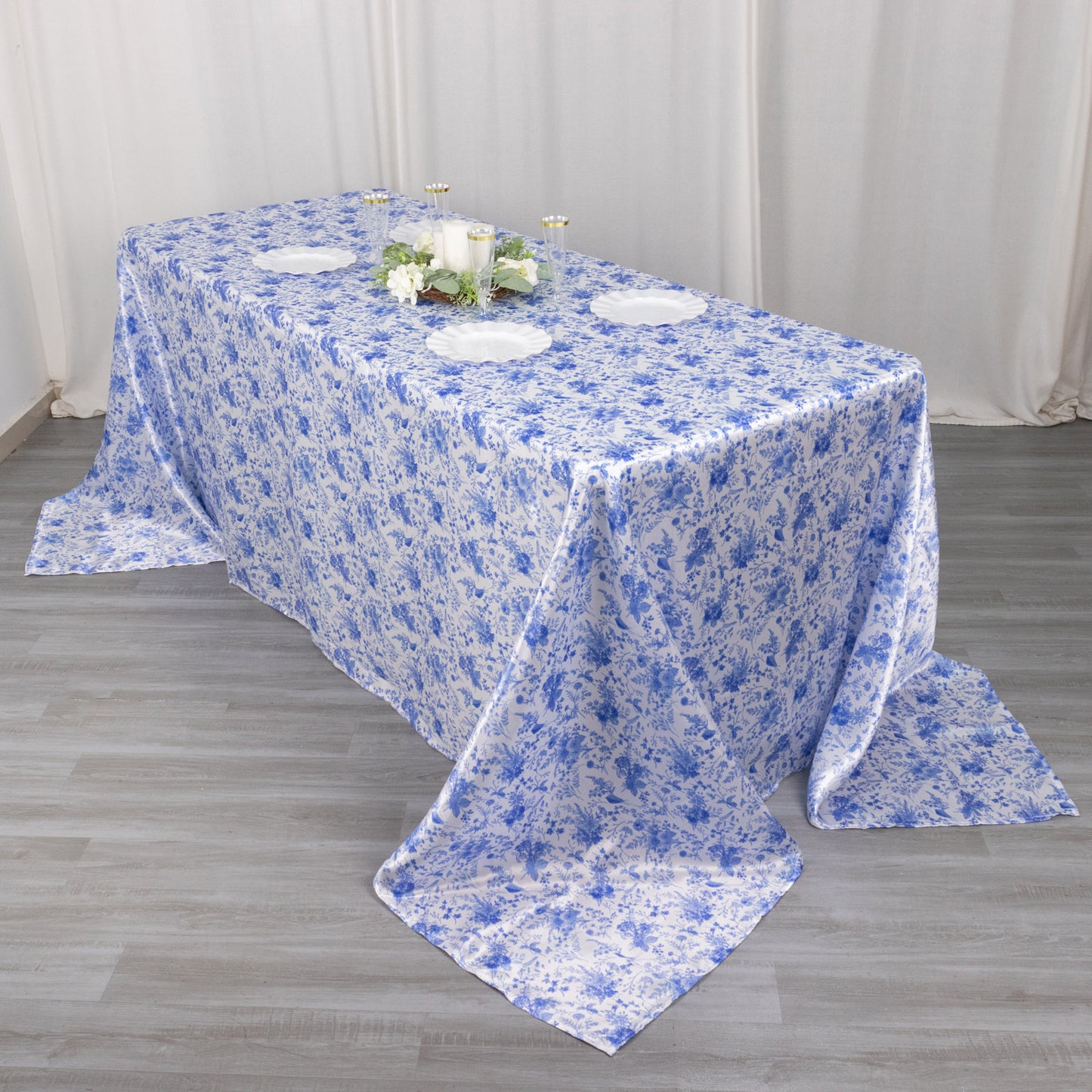 90"x132" White Blue Seamless Satin Rectangular Tablecloth in French Toile Floral Pattern, Wrinkle Resistant Tablecloth for 6 Foot Table With Floor-Length Drop