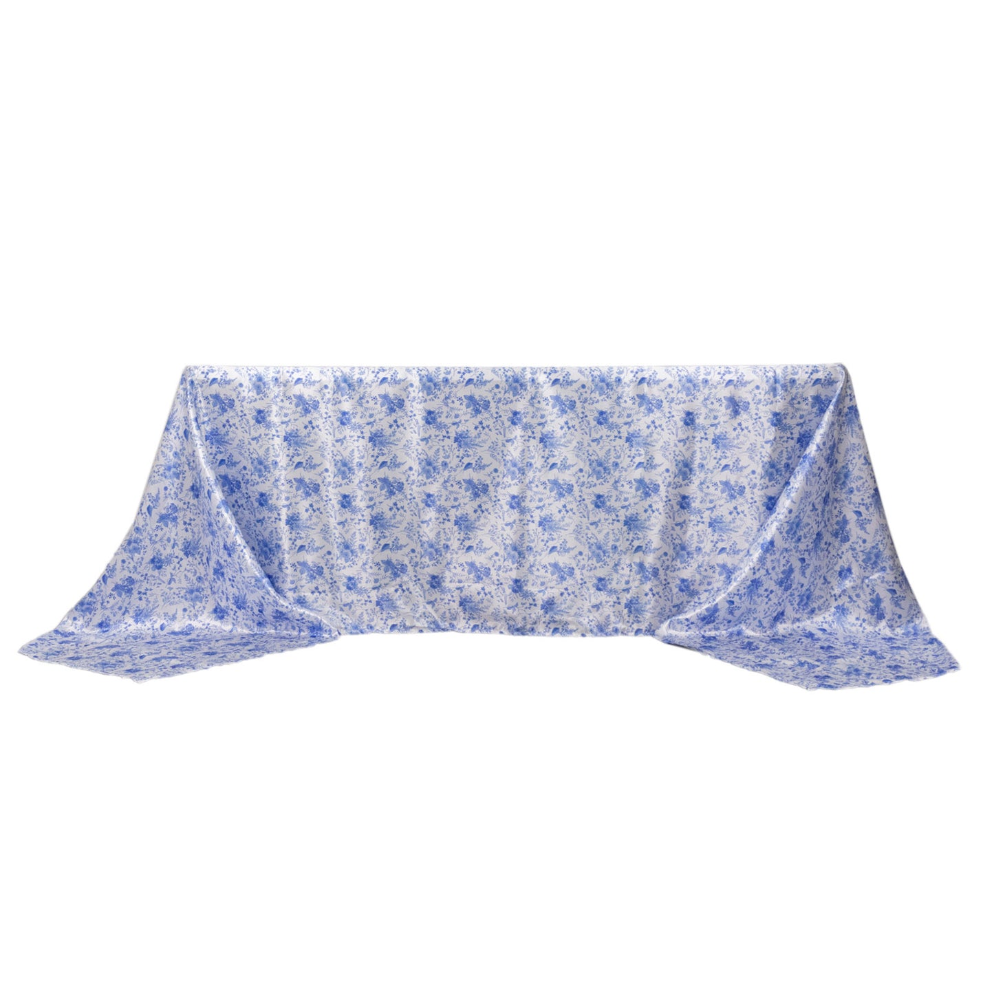 90"x156" White Blue Seamless Satin Rectangular Tablecloth in French Toile Floral Pattern, Wrinkle Resistant Tablecloth for 8 Foot Table With Floor-Length Drop