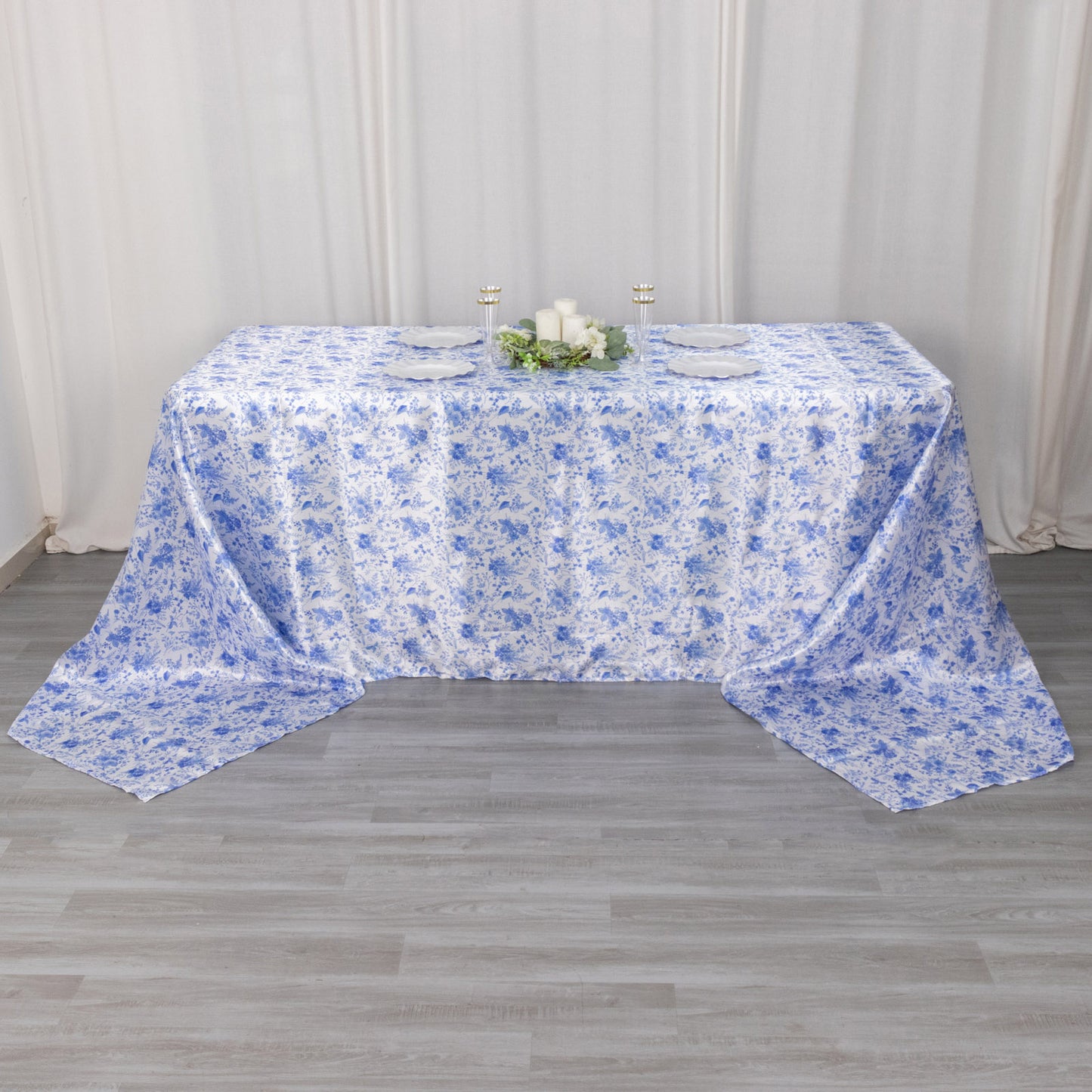 90"x156" White Blue Seamless Satin Rectangular Tablecloth in French Toile Floral Pattern, Wrinkle Resistant Tablecloth for 8 Foot Table With Floor-Length Drop