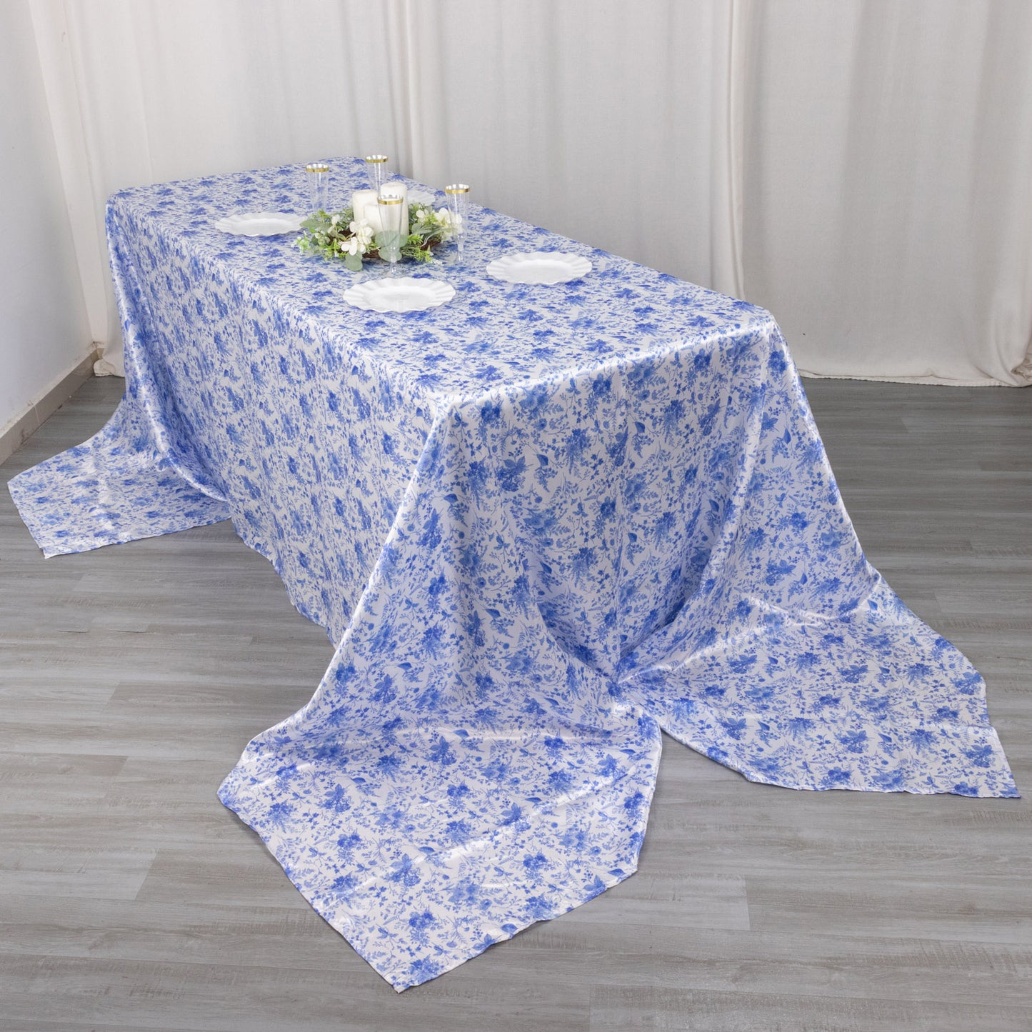 90"x156" White Blue Seamless Satin Rectangular Tablecloth in French Toile Floral Pattern, Wrinkle Resistant Tablecloth for 8 Foot Table With Floor-Length Drop