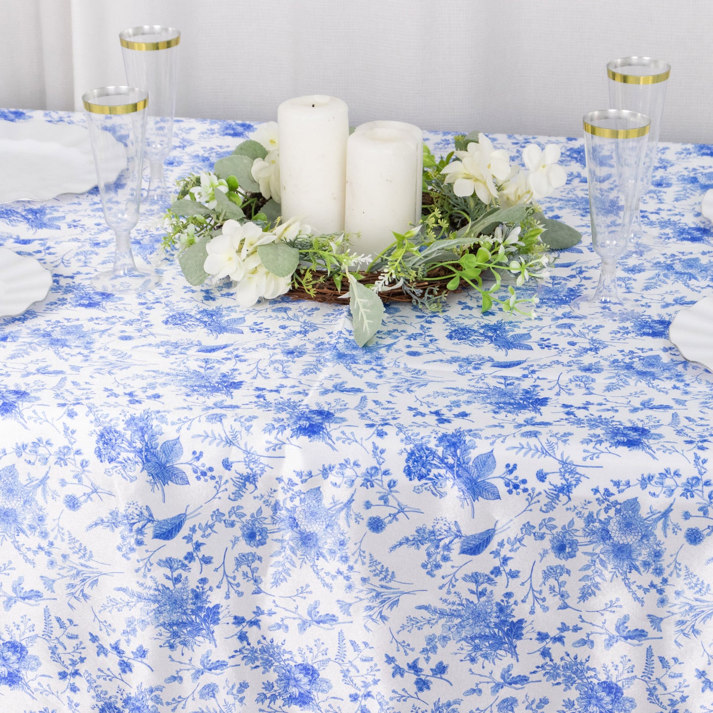 90"x156" White Blue Seamless Satin Rectangular Tablecloth in French Toile Floral Pattern, Wrinkle Resistant Tablecloth for 8 Foot Table With Floor-Length Drop