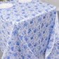 90"x156" White Blue Seamless Satin Rectangular Tablecloth in French Toile Floral Pattern, Wrinkle Resistant Tablecloth for 8 Foot Table With Floor-Length Drop