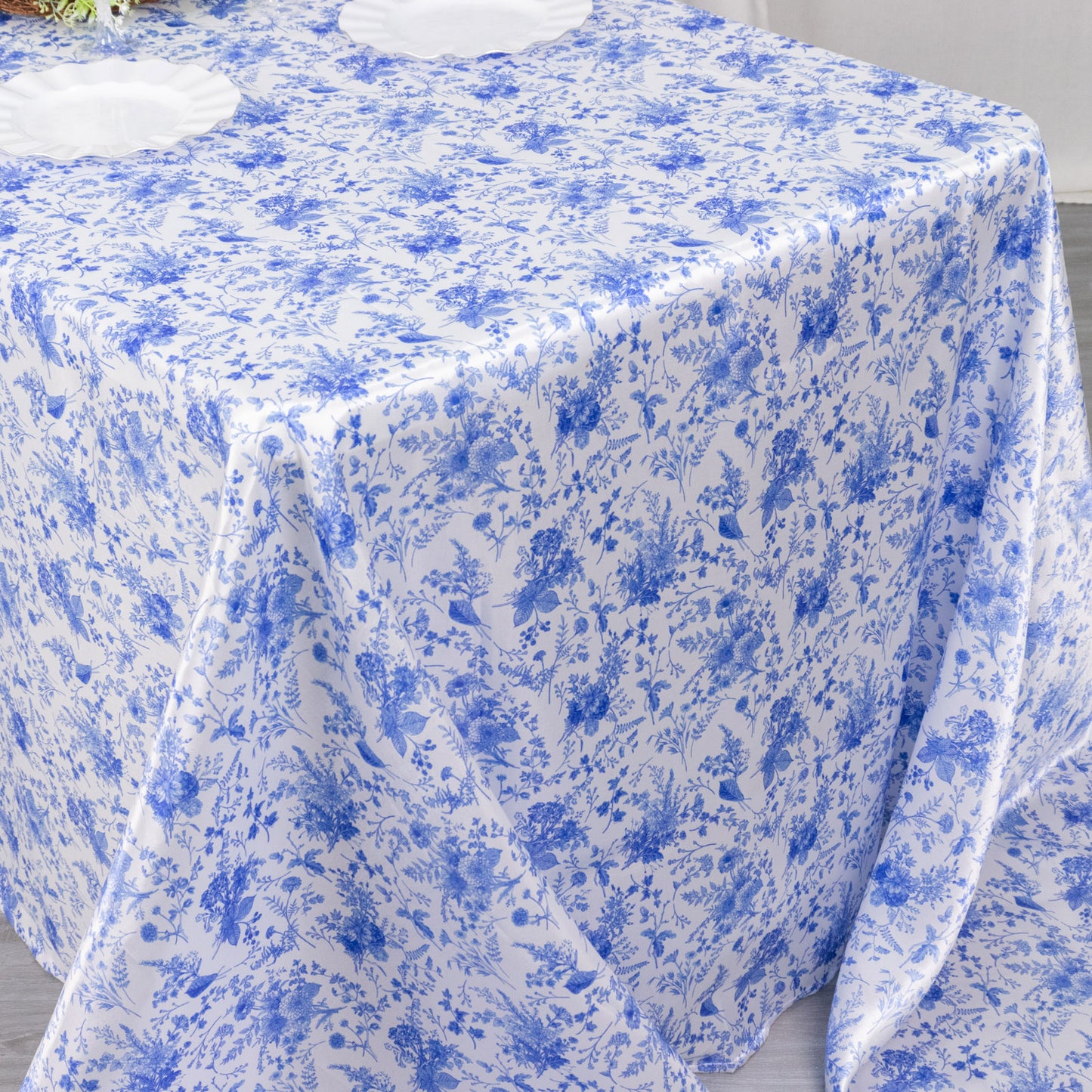 90"x156" White Blue Seamless Satin Rectangular Tablecloth in French Toile Floral Pattern, Wrinkle Resistant Tablecloth for 8 Foot Table With Floor-Length Drop