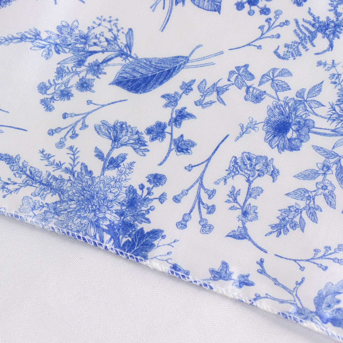 90"x156" White Blue Seamless Satin Rectangular Tablecloth in French Toile Floral Pattern, Wrinkle Resistant Tablecloth for 8 Foot Table With Floor-Length Drop