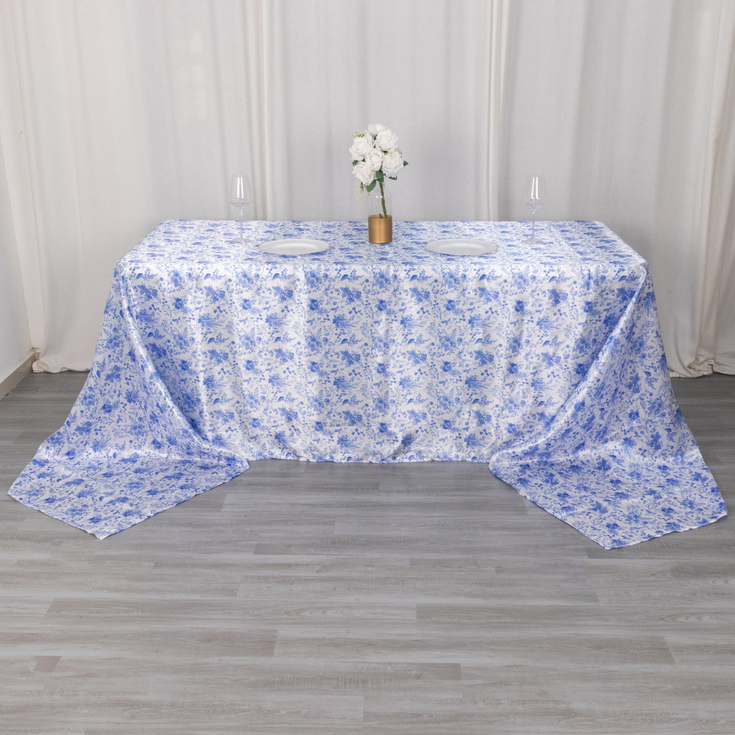 90"x156" White Blue Seamless Satin Rectangular Tablecloth in French Toile Floral Pattern, Wrinkle Resistant Tablecloth for 8 Foot Table With Floor-Length Drop