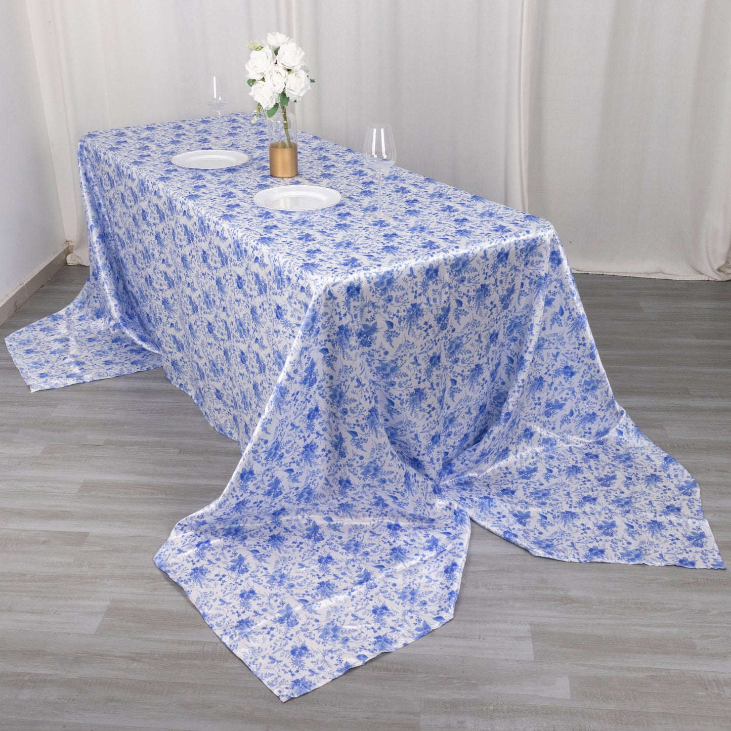 90"x156" White Blue Seamless Satin Rectangular Tablecloth in French Toile Floral Pattern, Wrinkle Resistant Tablecloth for 8 Foot Table With Floor-Length Drop