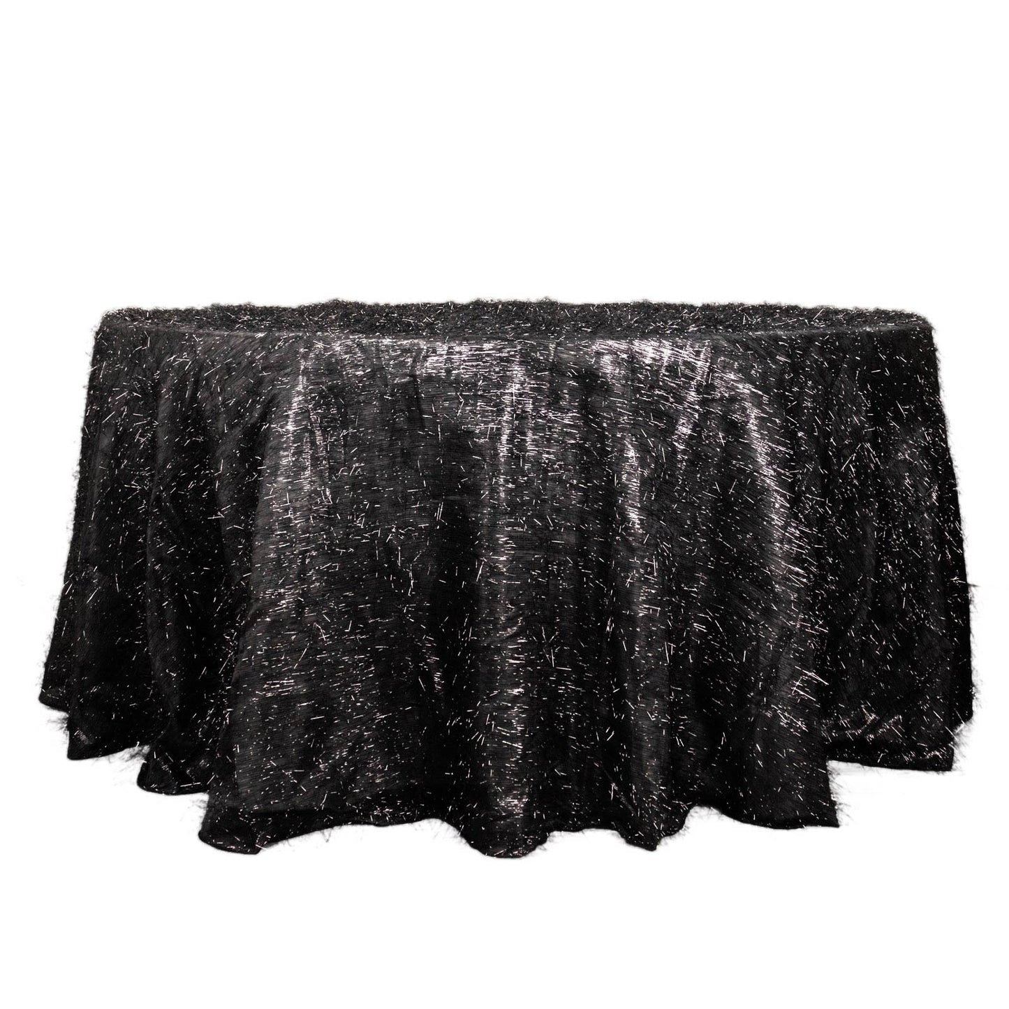 120" Black Metallic Premium Tinsel Shag Round Tablecloth, Shimmery Metallic Fringe Polyester Tablecloth
