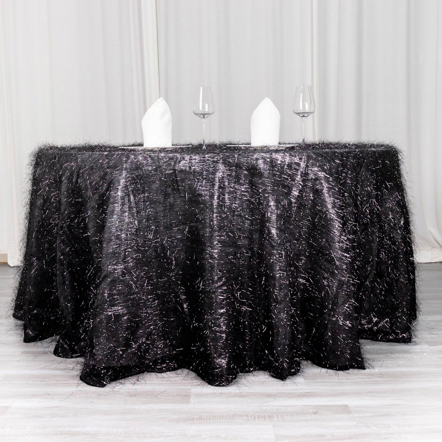 120" Black Metallic Premium Tinsel Shag Round Tablecloth, Shimmery Metallic Fringe Polyester Tablecloth