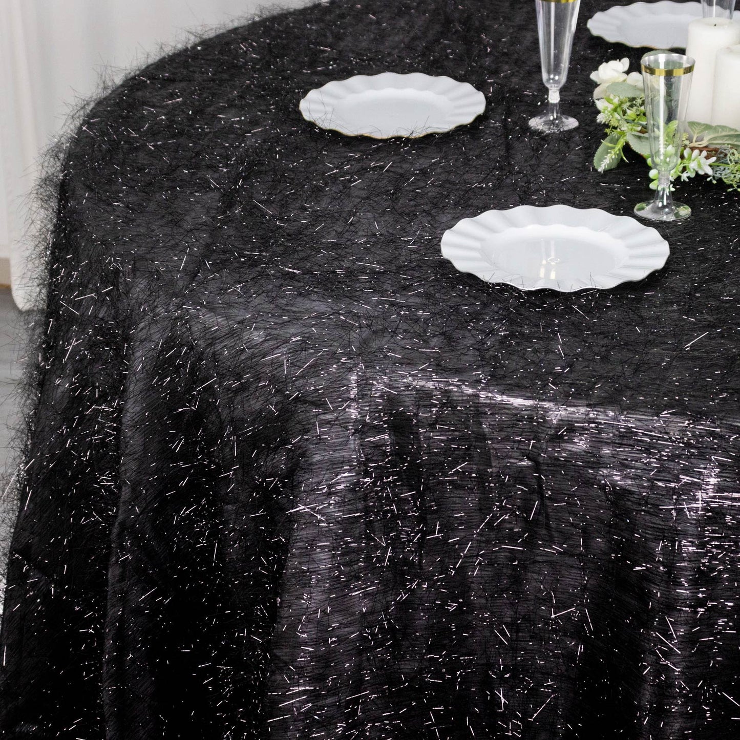 120" Black Metallic Premium Tinsel Shag Round Tablecloth, Shimmery Metallic Fringe Polyester Tablecloth