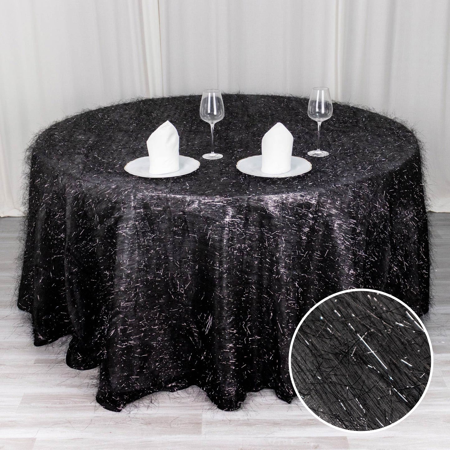 120" Black Metallic Premium Tinsel Shag Round Tablecloth, Shimmery Metallic Fringe Polyester Tablecloth