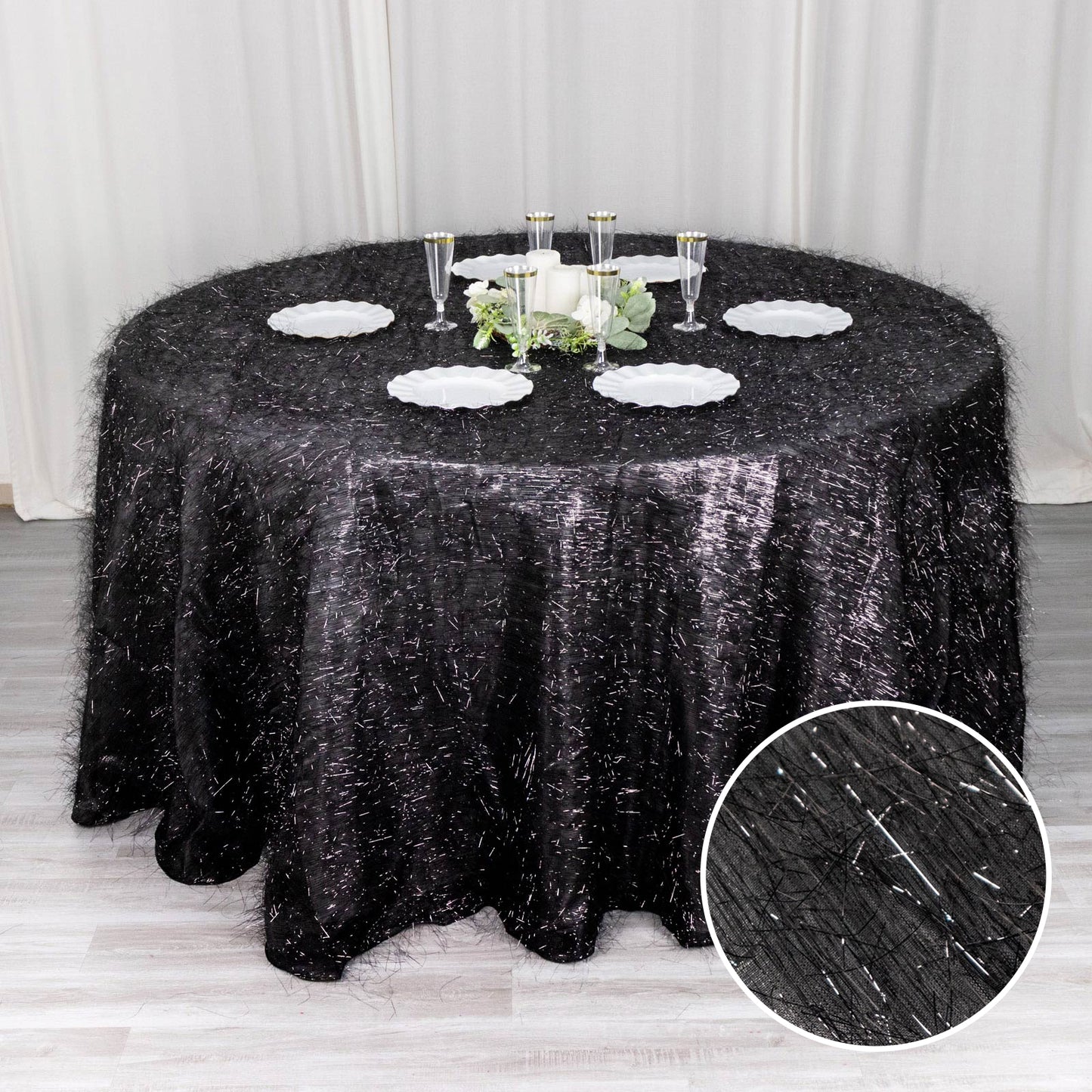 120" Black Metallic Premium Tinsel Shag Round Tablecloth, Shimmery Metallic Fringe Polyester Tablecloth