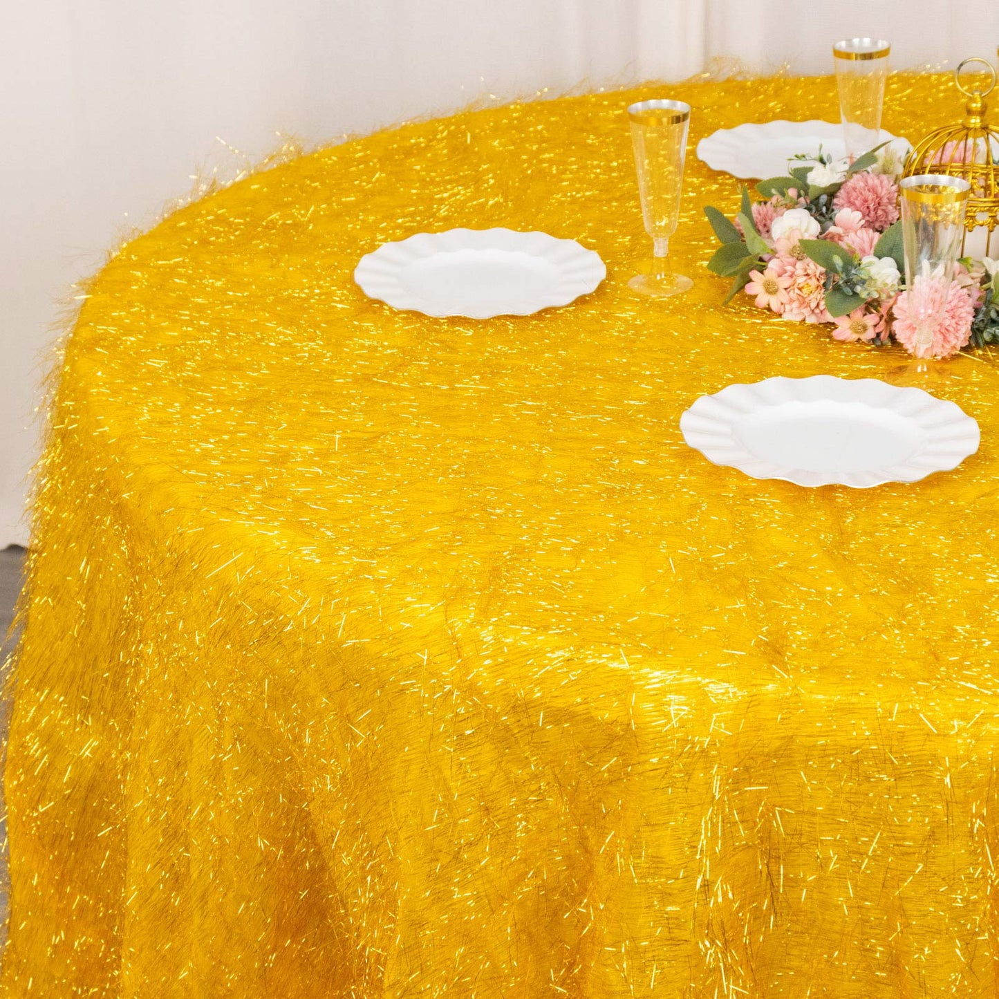 120" Metallic Gold Premium Tinsel Shag Round Tablecloth, Shimmery Metallic Fringe Polyester Tablecloth