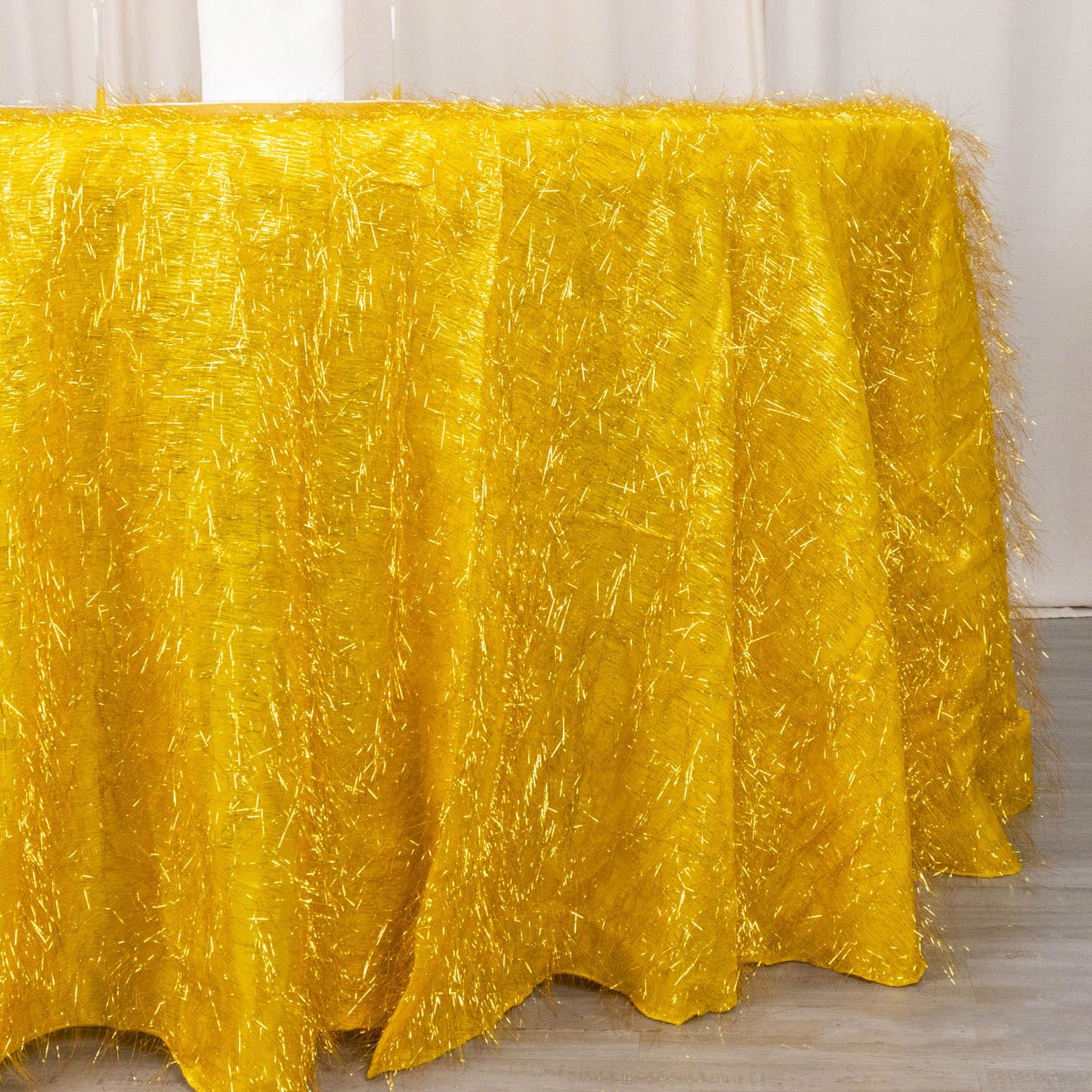 120" Metallic Gold Premium Tinsel Shag Round Tablecloth, Shimmery Metallic Fringe Polyester Tablecloth