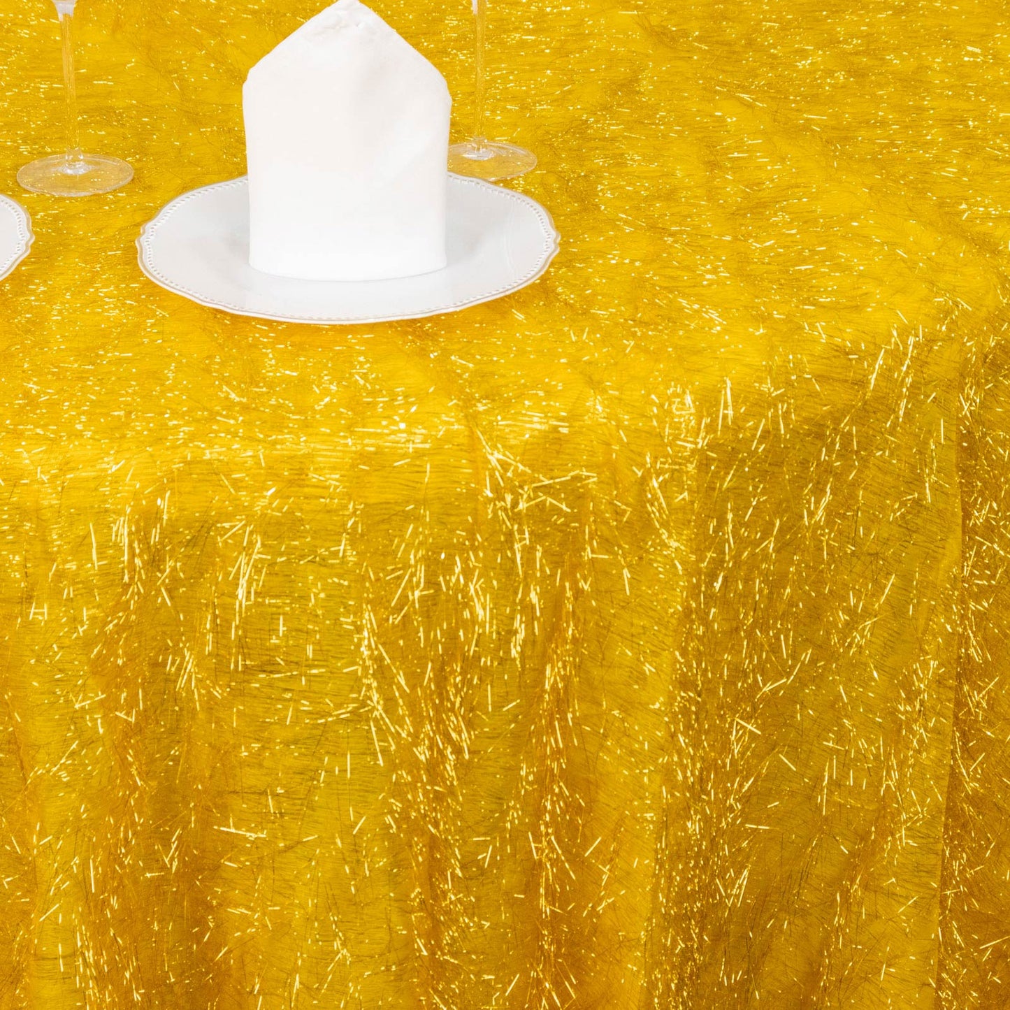 120" Metallic Gold Premium Tinsel Shag Round Tablecloth, Shimmery Metallic Fringe Polyester Tablecloth