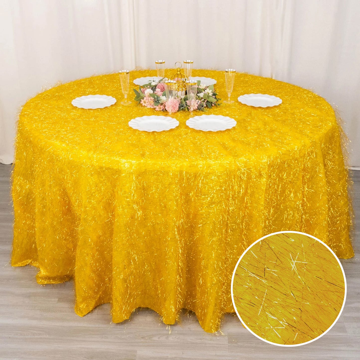 120" Metallic Gold Premium Tinsel Shag Round Tablecloth, Shimmery Metallic Fringe Polyester Tablecloth
