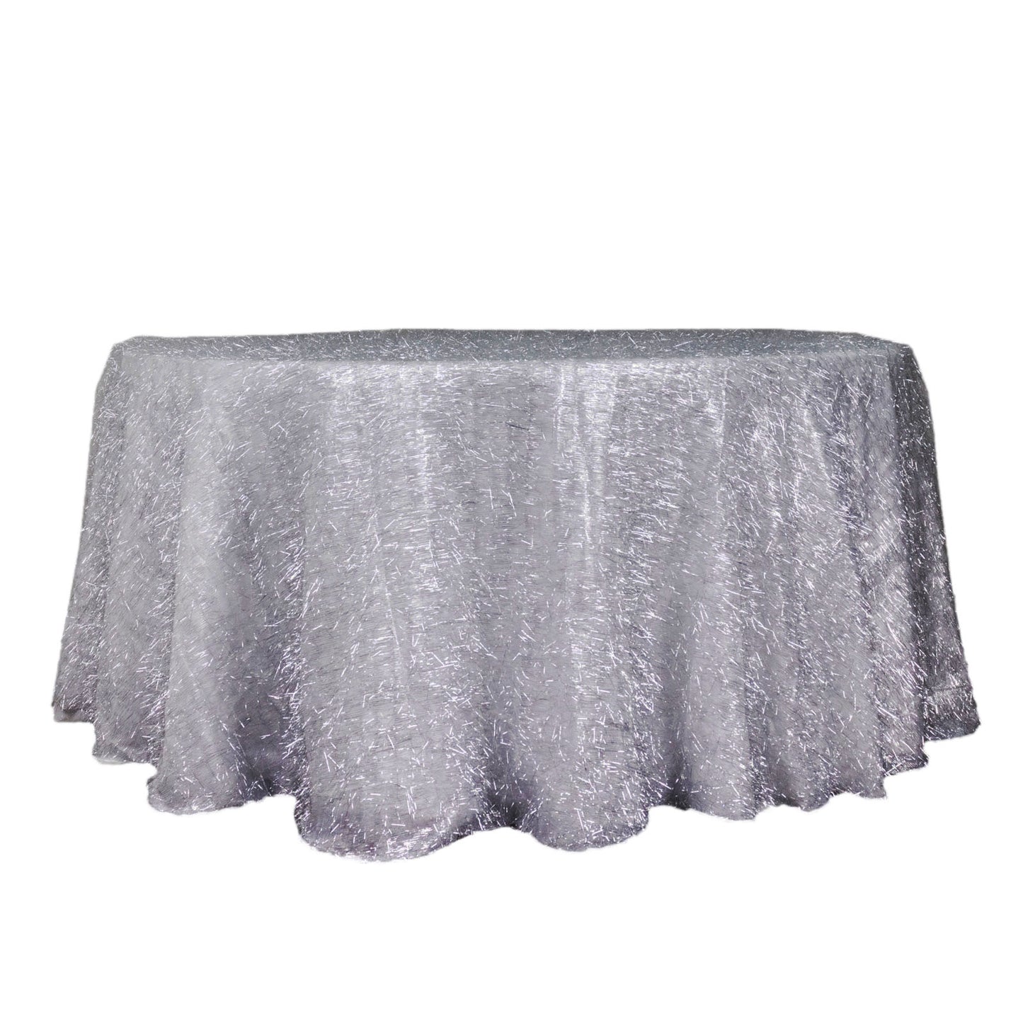 120" Metallic Silver Premium Tinsel Shag Round Tablecloth, Shimmery Metallic Fringe Polyester Tablecloth