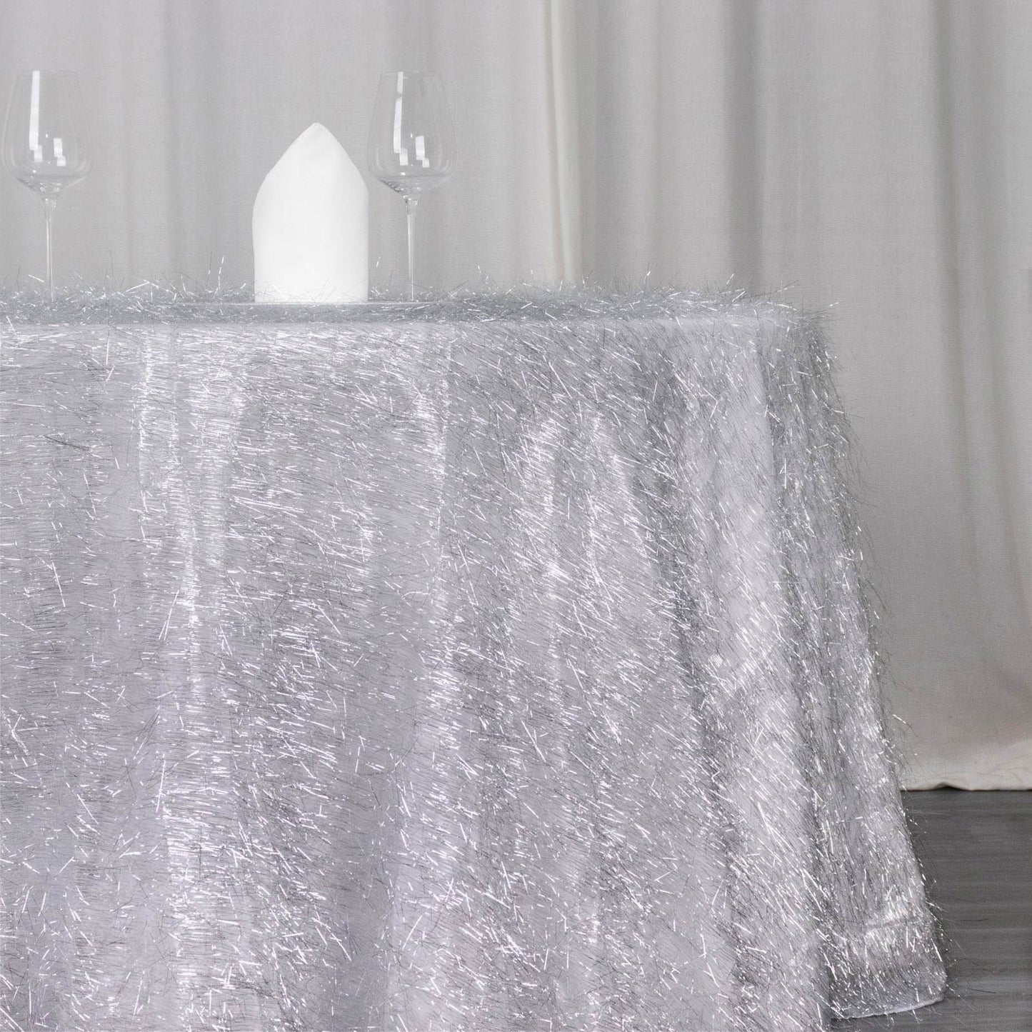 120" Metallic Silver Premium Tinsel Shag Round Tablecloth, Shimmery Metallic Fringe Polyester Tablecloth