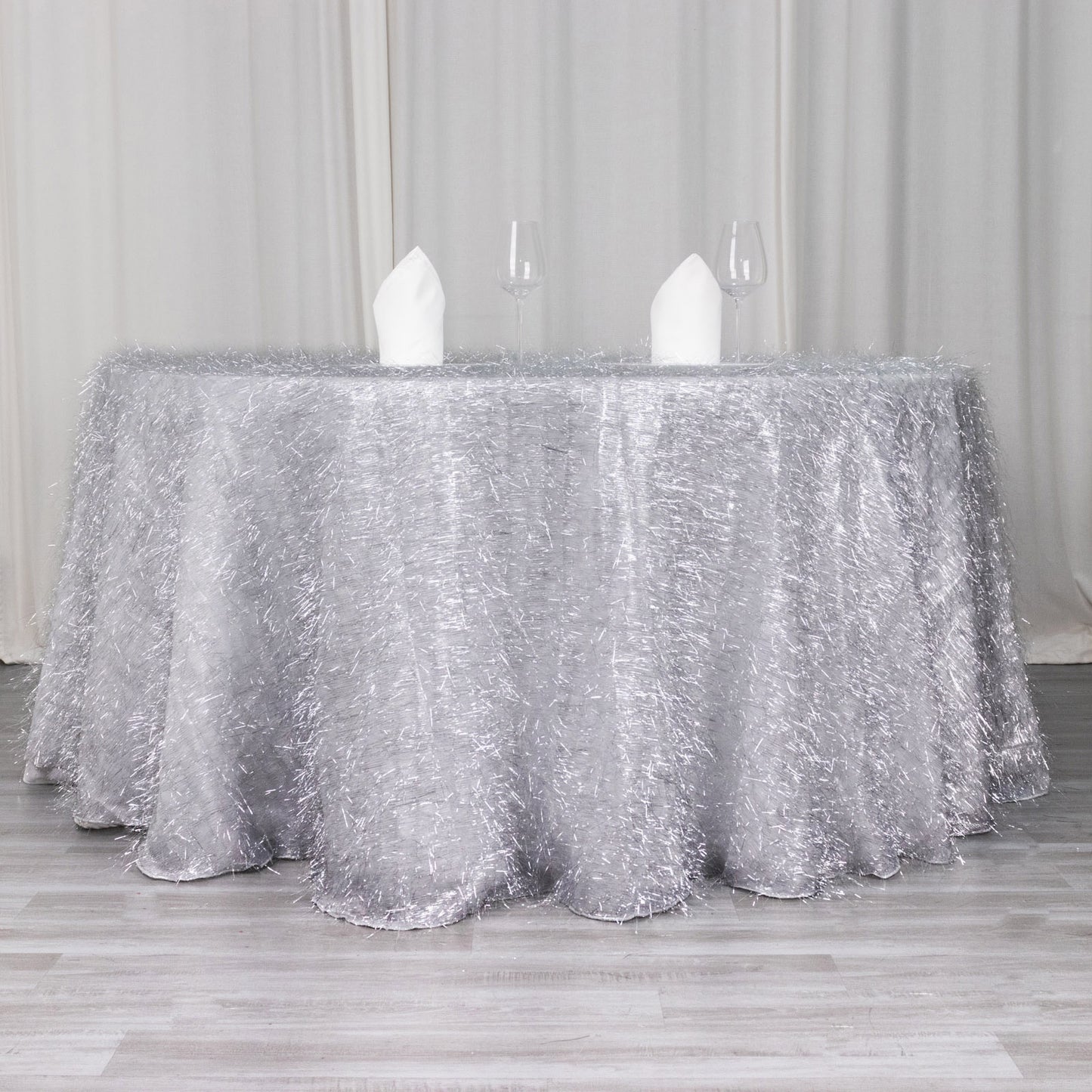 120" Metallic Silver Premium Tinsel Shag Round Tablecloth, Shimmery Metallic Fringe Polyester Tablecloth