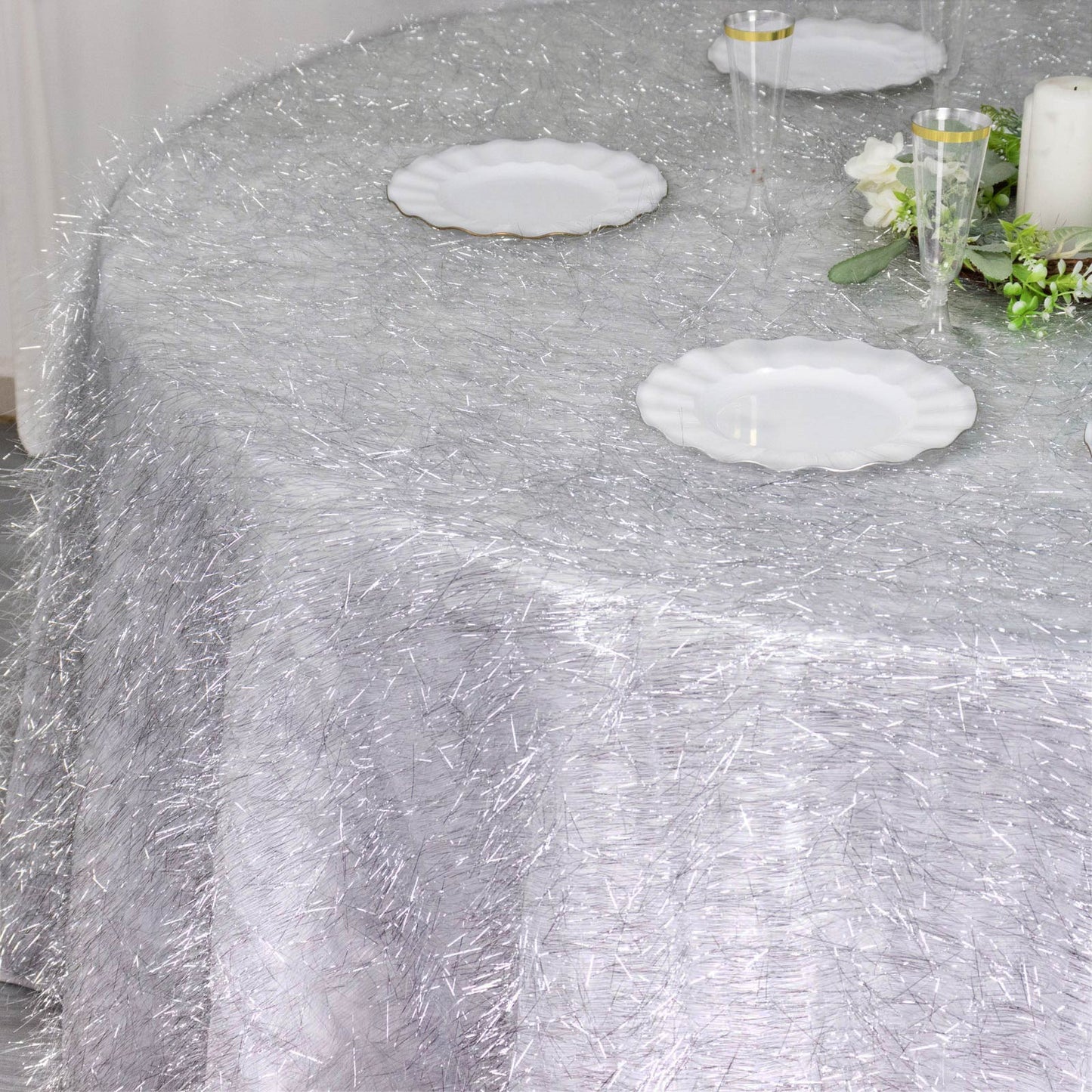 120" Metallic Silver Premium Tinsel Shag Round Tablecloth, Shimmery Metallic Fringe Polyester Tablecloth