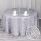 120" Metallic Silver Premium Tinsel Shag Round Tablecloth, Shimmery Metallic Fringe Polyester Tablecloth