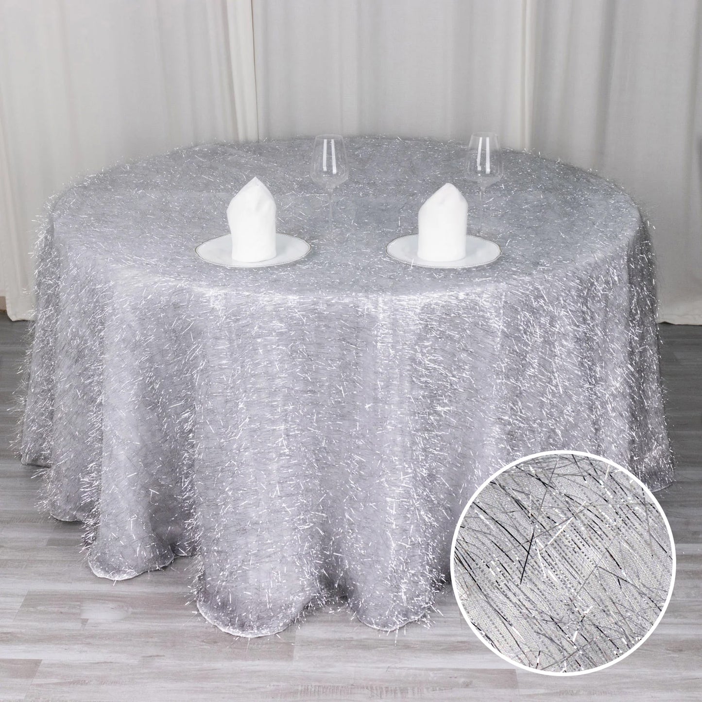 120" Metallic Silver Premium Tinsel Shag Round Tablecloth, Shimmery Metallic Fringe Polyester Tablecloth