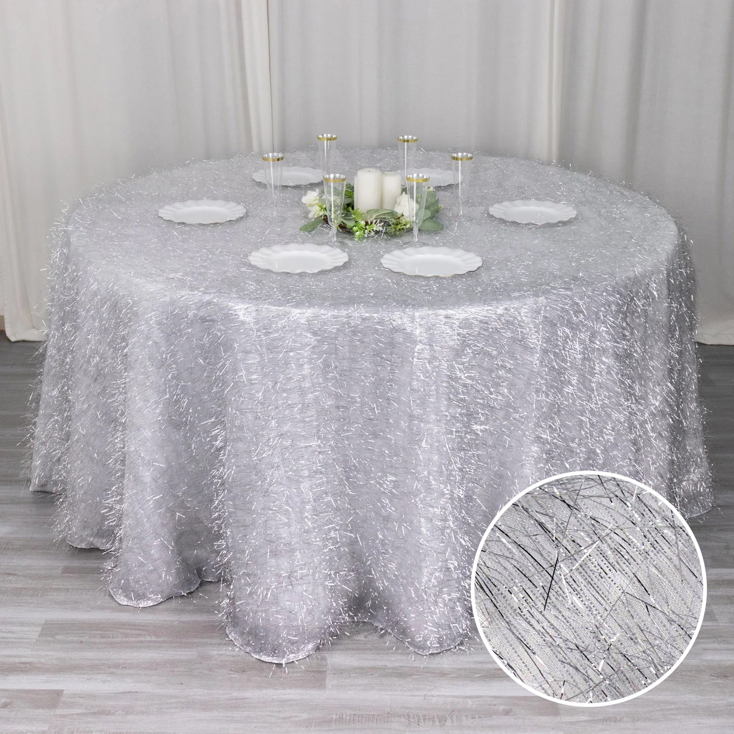 120" Metallic Silver Premium Tinsel Shag Round Tablecloth, Shimmery Metallic Fringe Polyester Tablecloth