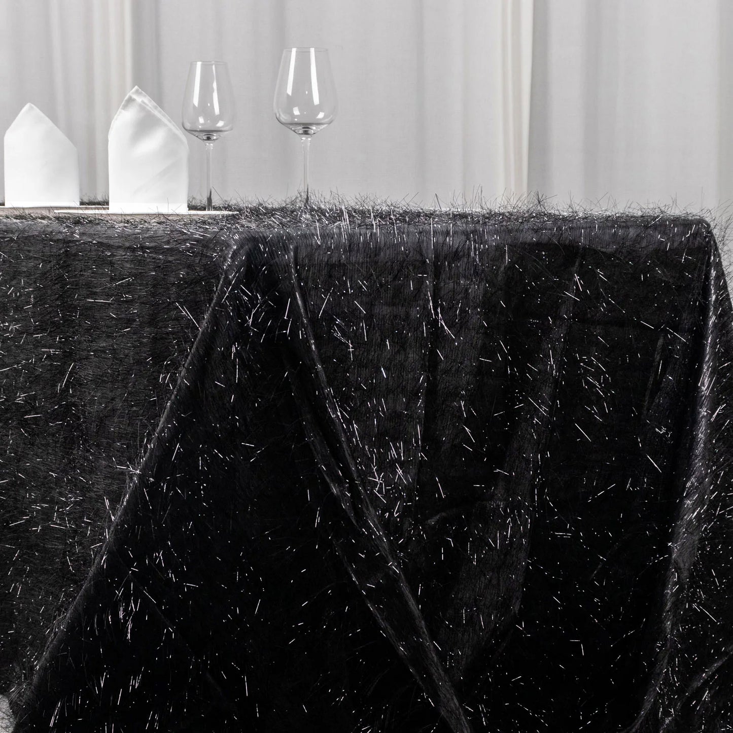 90"x156" Black Metallic Premium Tinsel Shag Rectangular Tablecloth, Shimmery Metallic Fringe Polyester Tablecloth