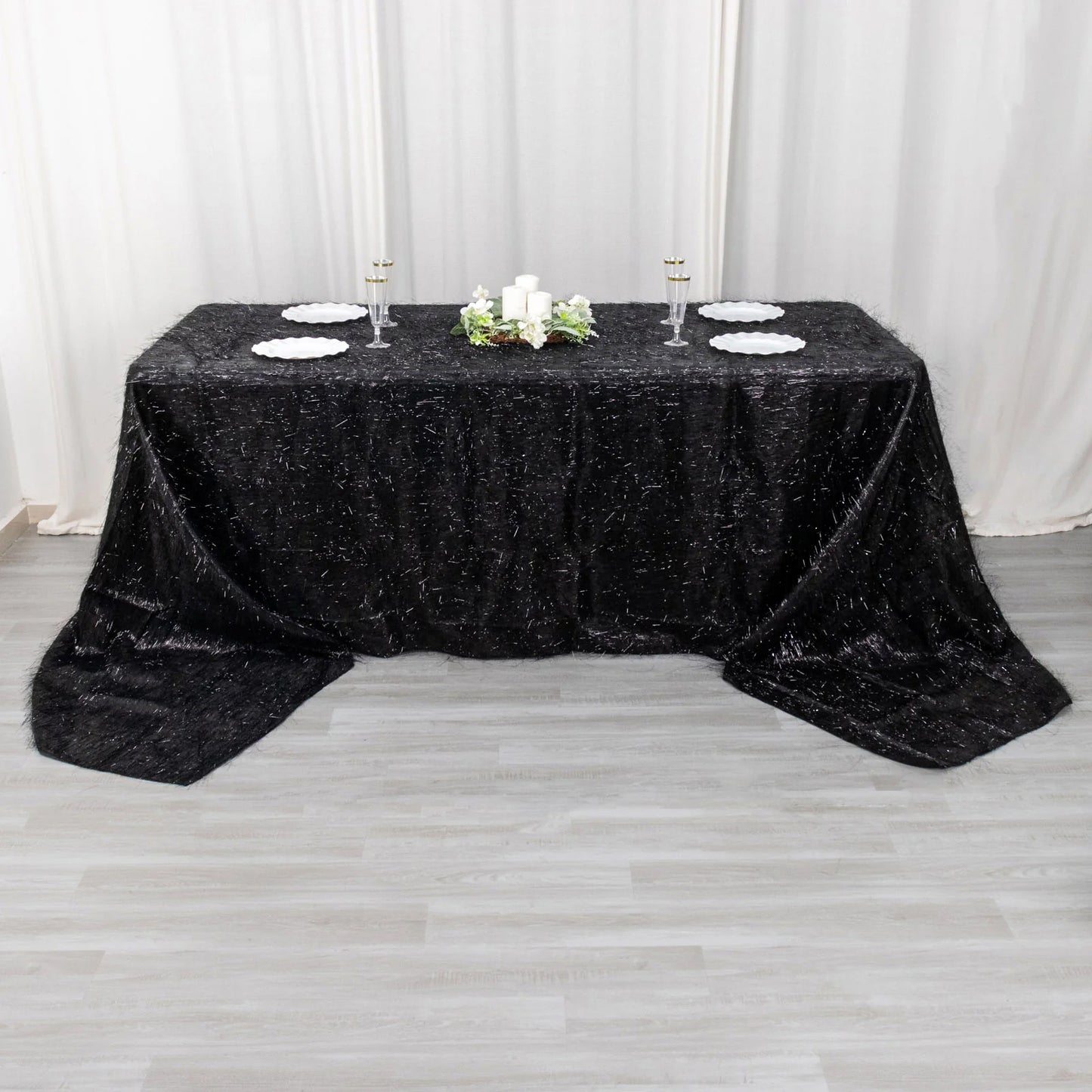 90"x156" Black Metallic Premium Tinsel Shag Rectangular Tablecloth, Shimmery Metallic Fringe Polyester Tablecloth