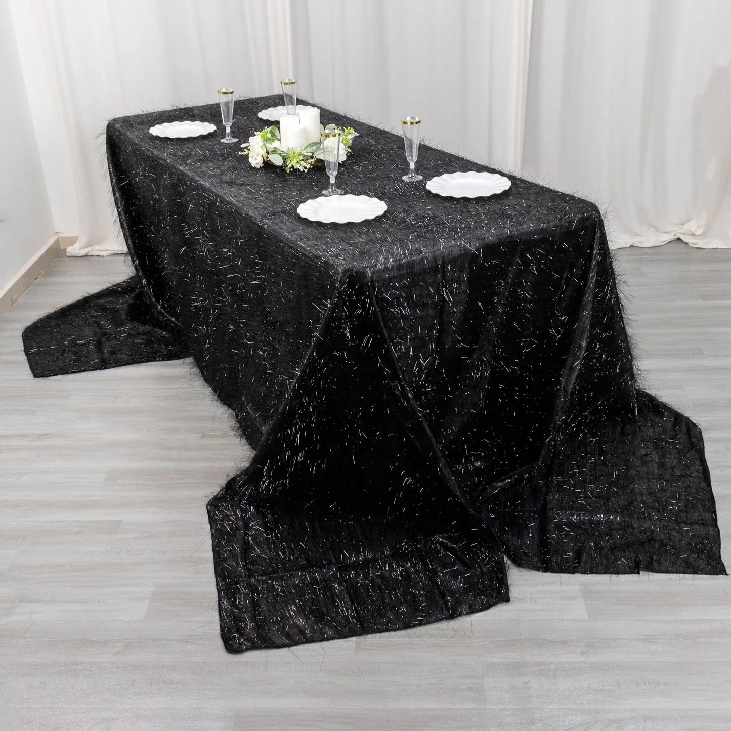 90"x156" Black Metallic Premium Tinsel Shag Rectangular Tablecloth, Shimmery Metallic Fringe Polyester Tablecloth