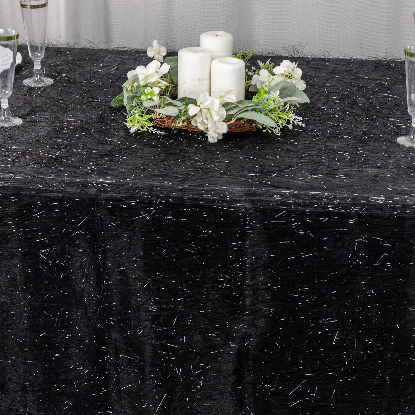 90"x156" Black Metallic Premium Tinsel Shag Rectangular Tablecloth, Shimmery Metallic Fringe Polyester Tablecloth