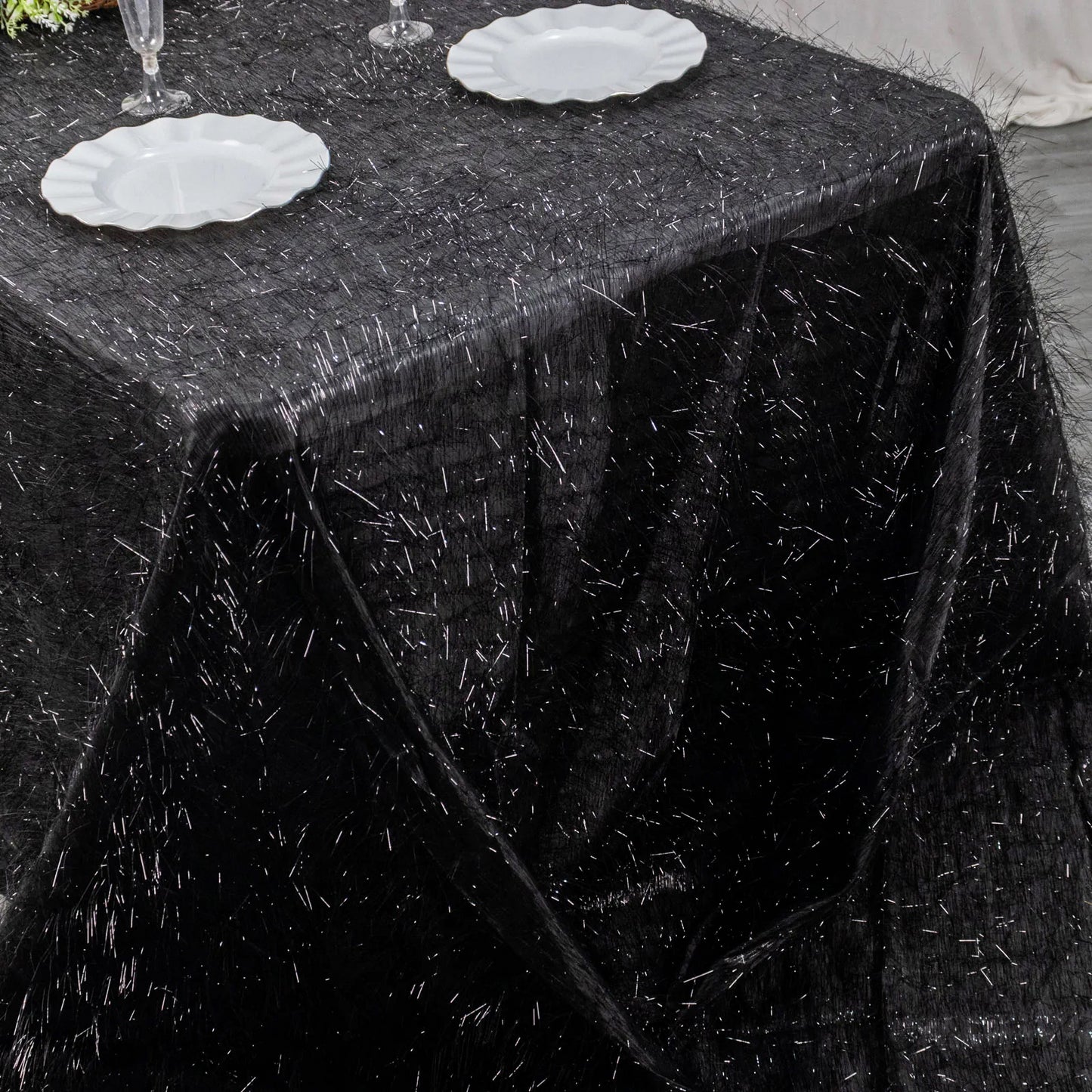 90"x156" Black Metallic Premium Tinsel Shag Rectangular Tablecloth, Shimmery Metallic Fringe Polyester Tablecloth