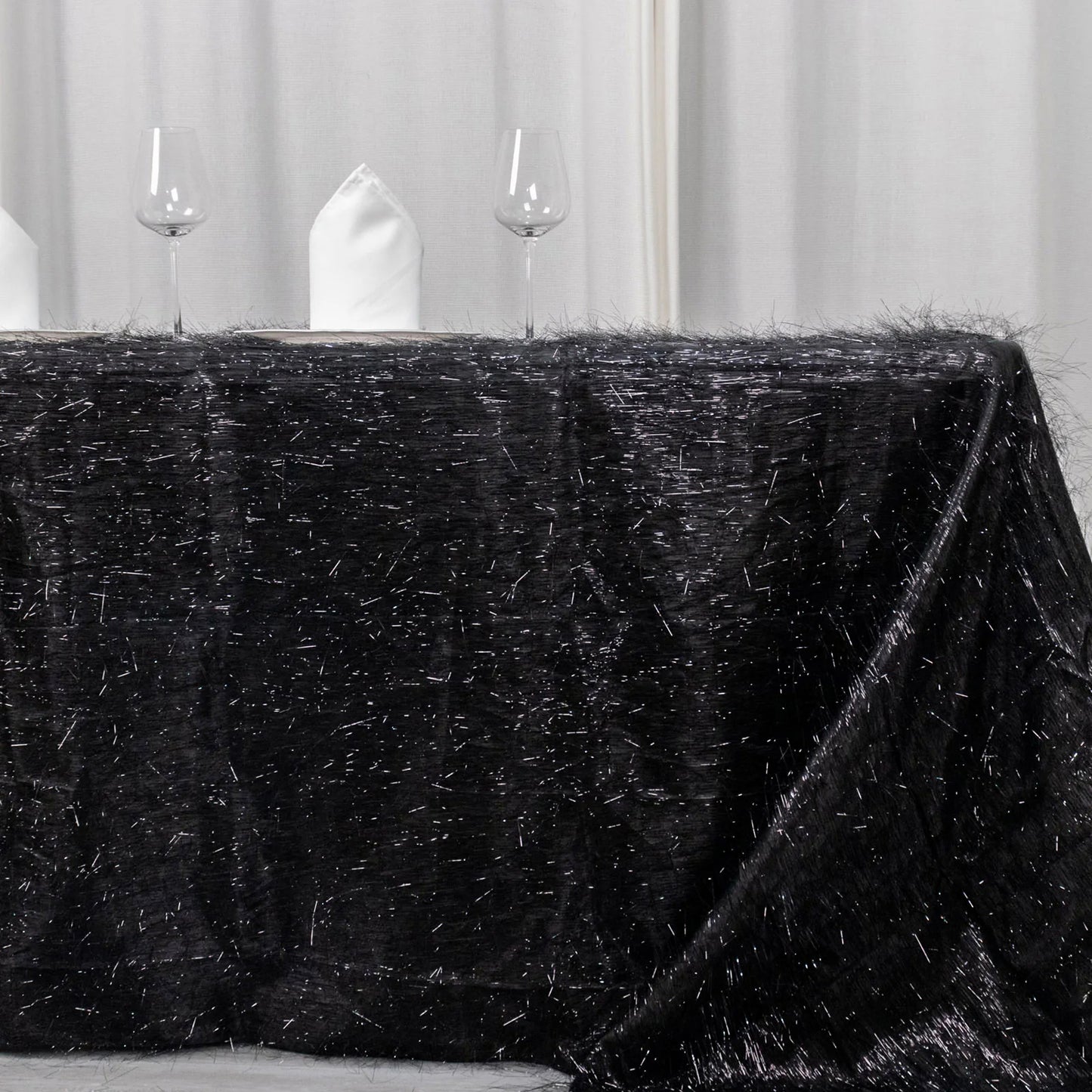 90"x156" Black Metallic Premium Tinsel Shag Rectangular Tablecloth, Shimmery Metallic Fringe Polyester Tablecloth