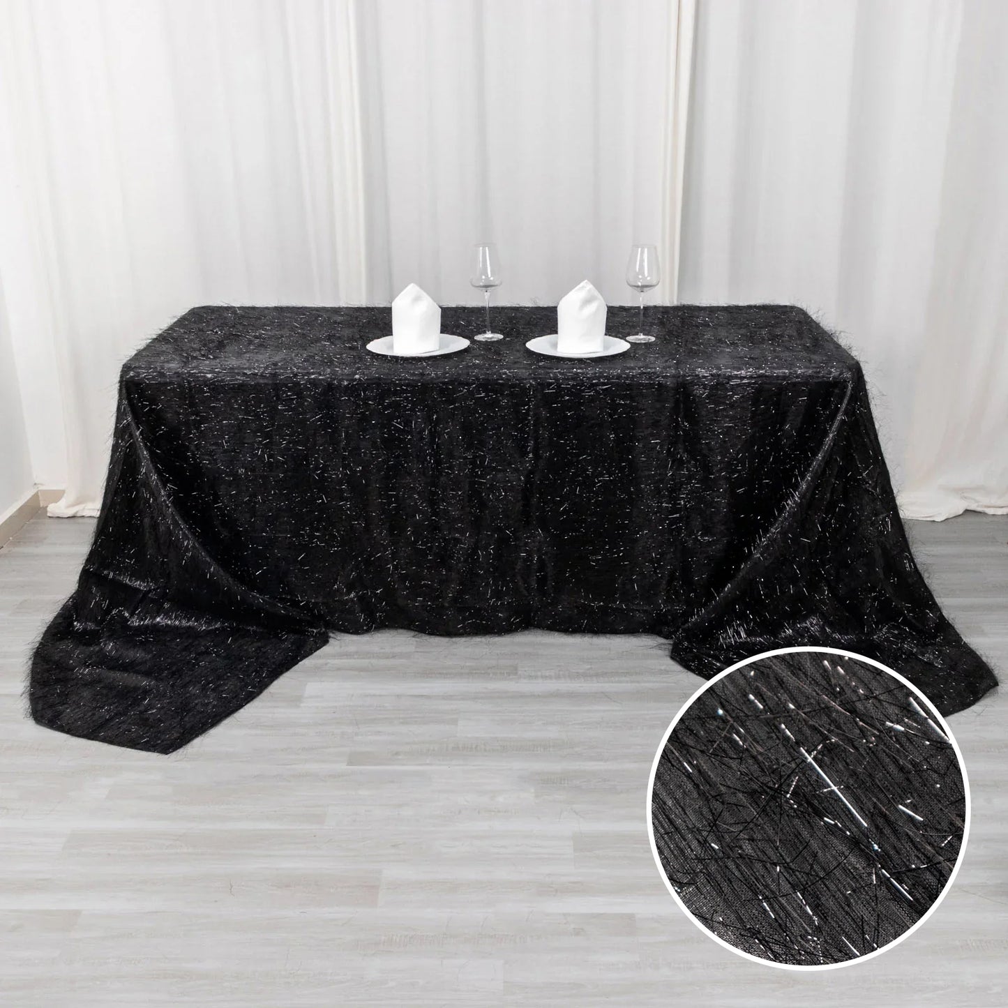 90"x156" Black Metallic Premium Tinsel Shag Rectangular Tablecloth, Shimmery Metallic Fringe Polyester Tablecloth