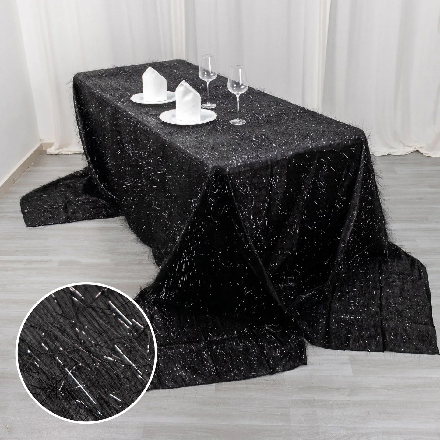 90"x156" Black Metallic Premium Tinsel Shag Rectangular Tablecloth, Shimmery Metallic Fringe Polyester Tablecloth