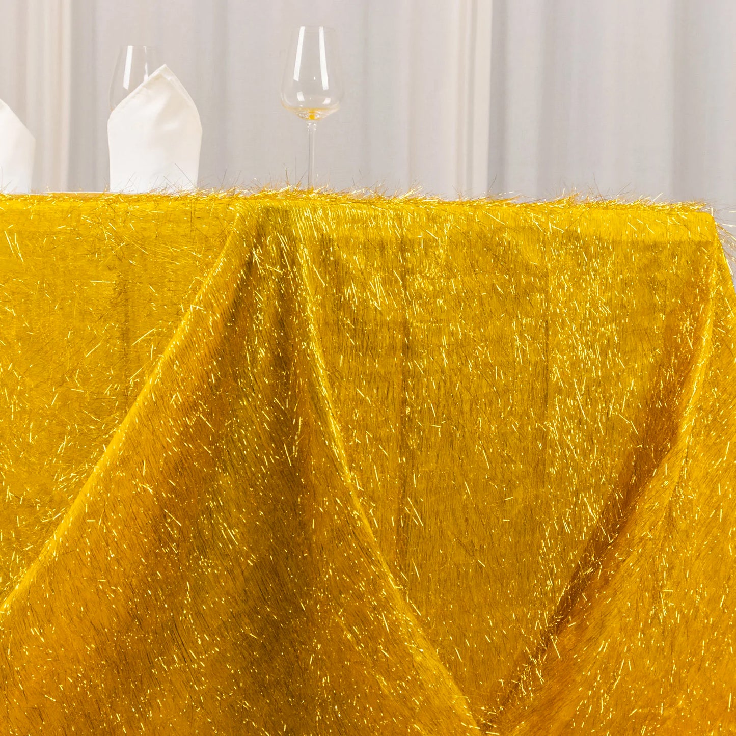 90"x156" Metallic Gold Premium Tinsel Shag Rectangular Tablecloth, Shimmery Metallic Fringe Polyester Tablecloth