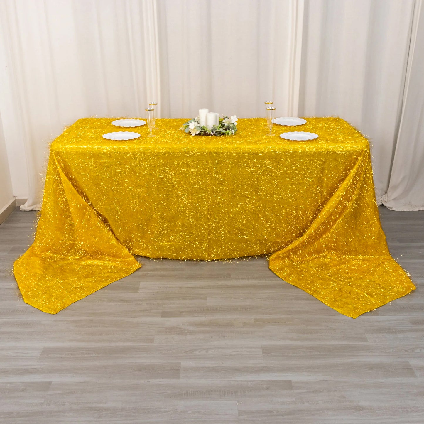 90"x156" Metallic Gold Premium Tinsel Shag Rectangular Tablecloth, Shimmery Metallic Fringe Polyester Tablecloth