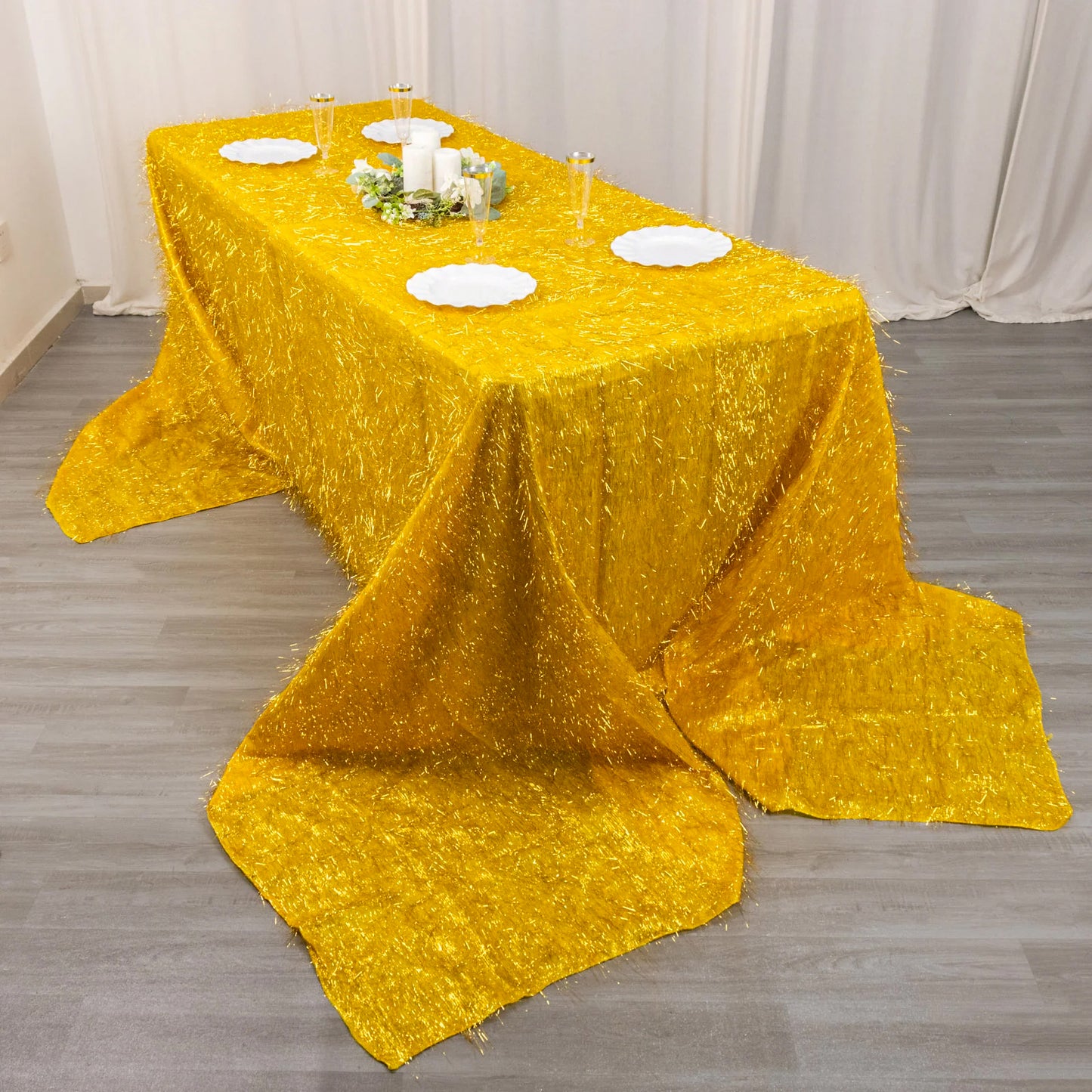 90"x156" Metallic Gold Premium Tinsel Shag Rectangular Tablecloth, Shimmery Metallic Fringe Polyester Tablecloth