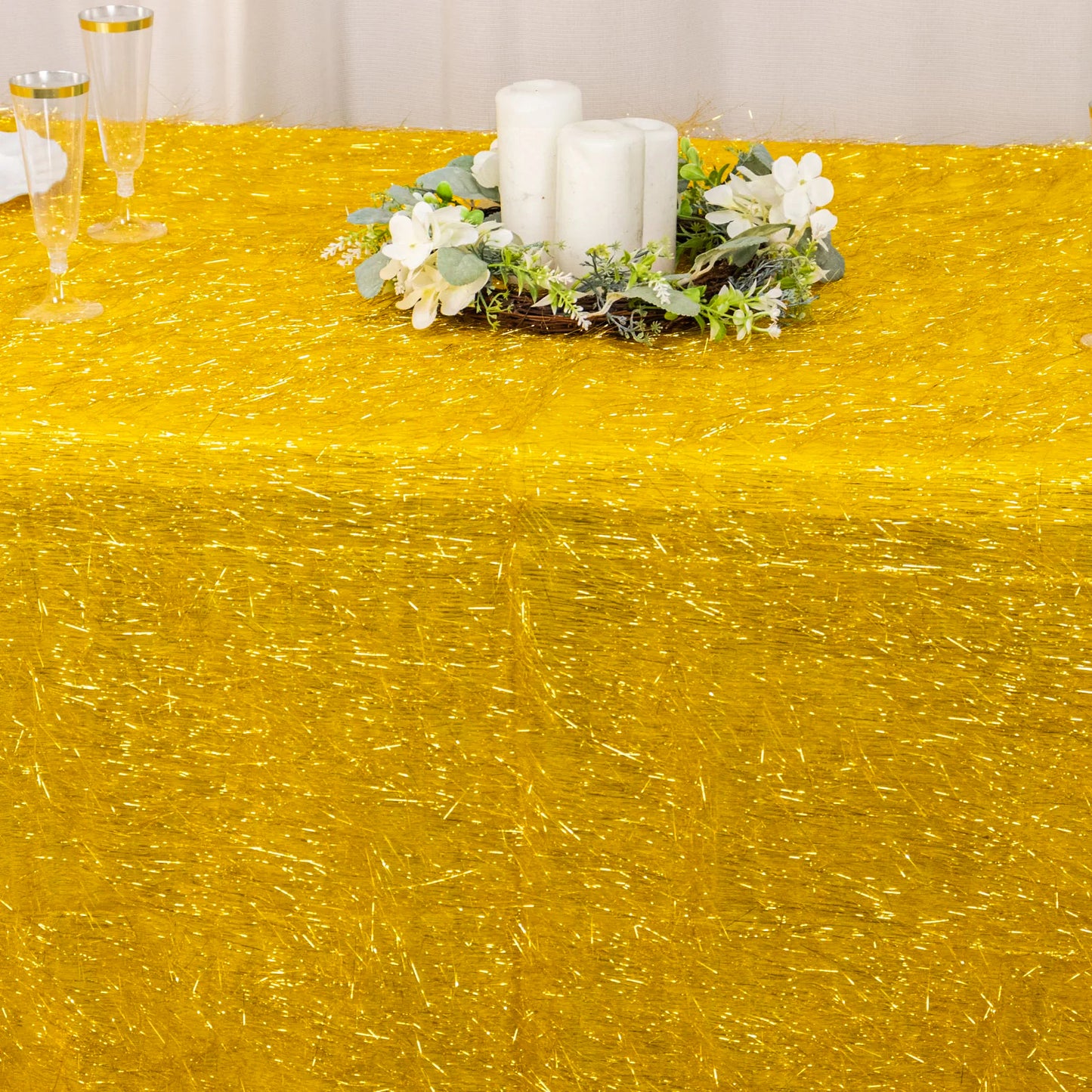 90"x156" Metallic Gold Premium Tinsel Shag Rectangular Tablecloth, Shimmery Metallic Fringe Polyester Tablecloth