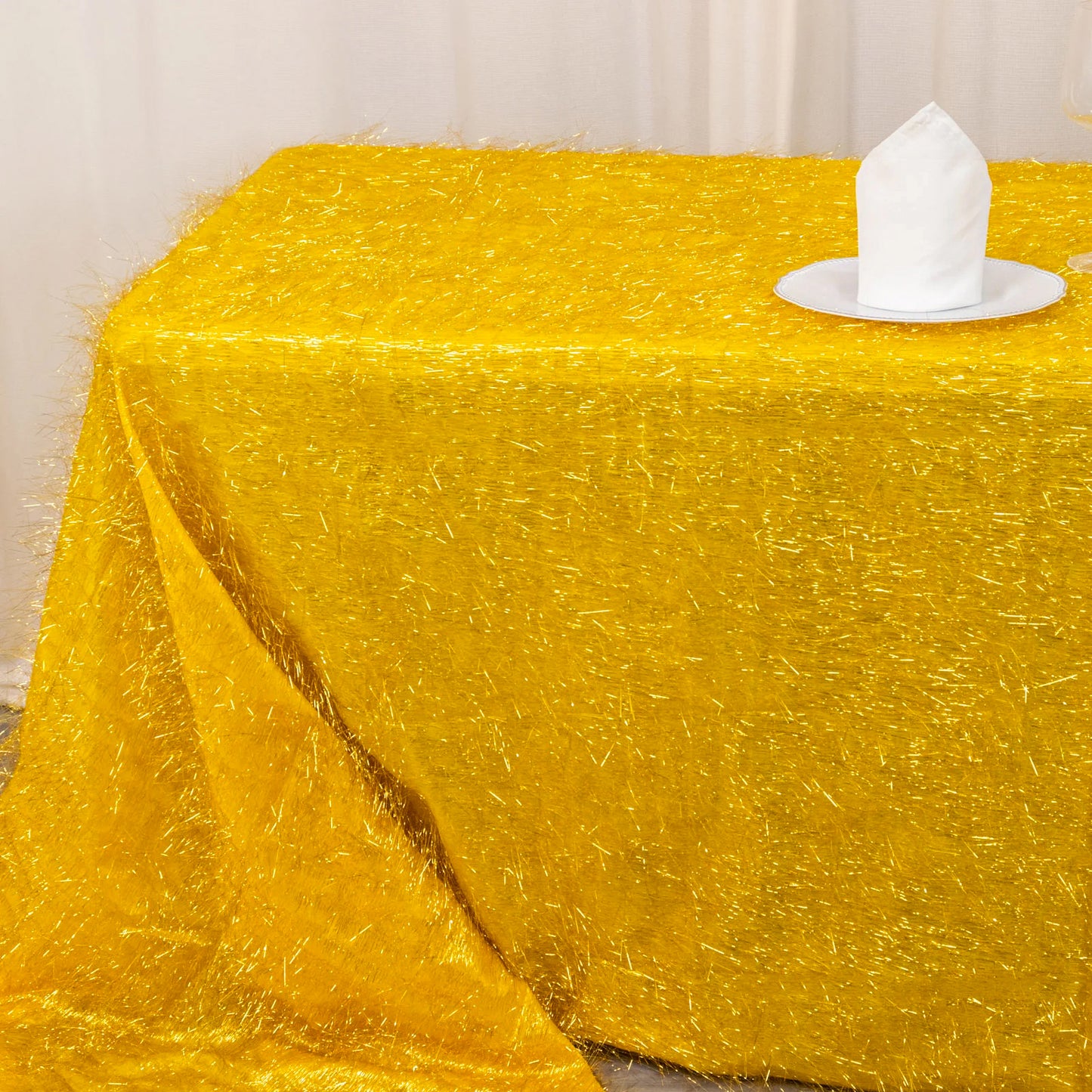90"x156" Metallic Gold Premium Tinsel Shag Rectangular Tablecloth, Shimmery Metallic Fringe Polyester Tablecloth