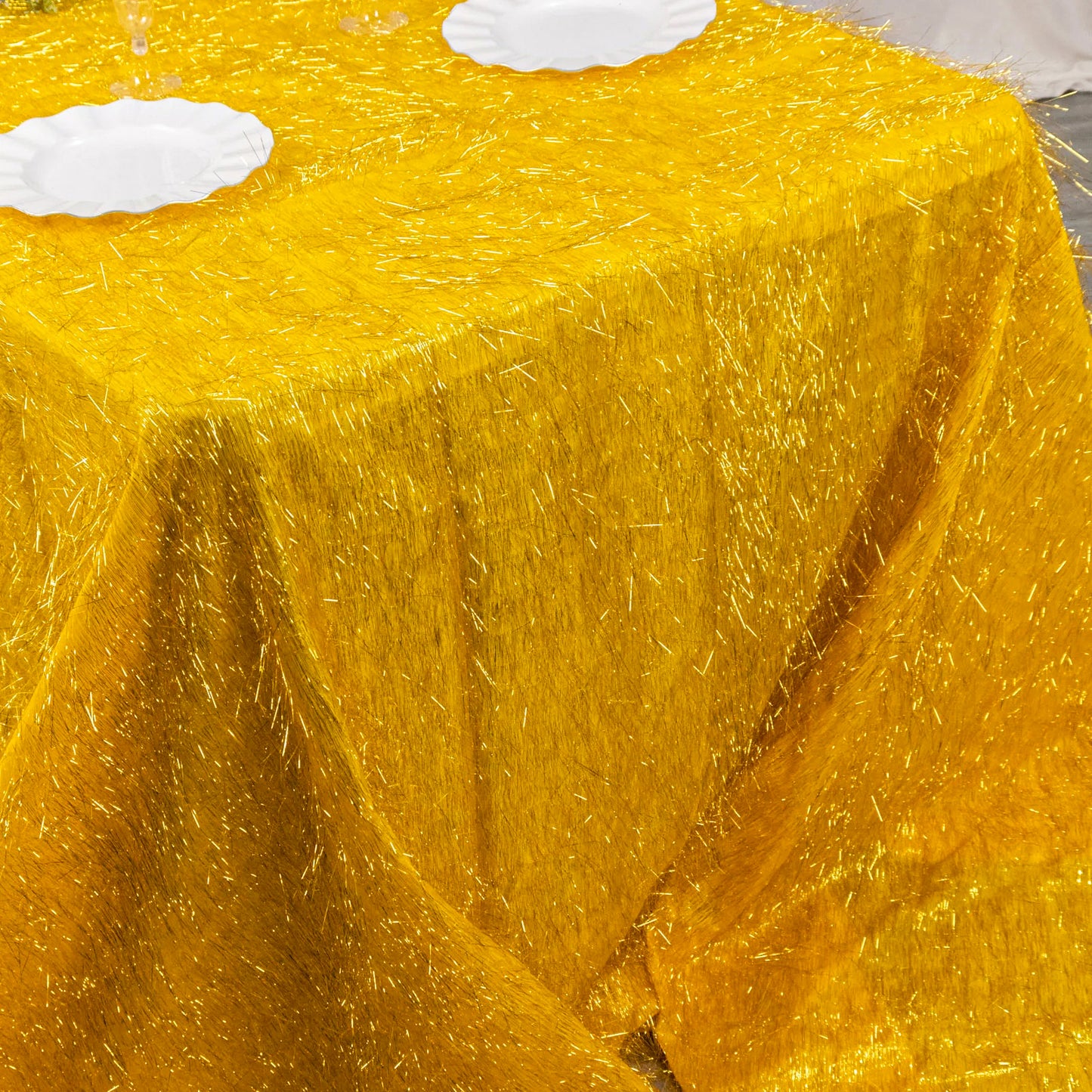 90"x156" Metallic Gold Premium Tinsel Shag Rectangular Tablecloth, Shimmery Metallic Fringe Polyester Tablecloth
