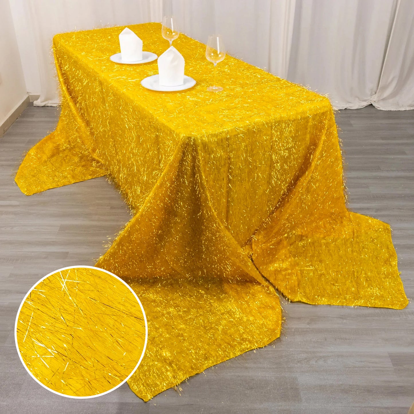 90"x156" Metallic Gold Premium Tinsel Shag Rectangular Tablecloth, Shimmery Metallic Fringe Polyester Tablecloth