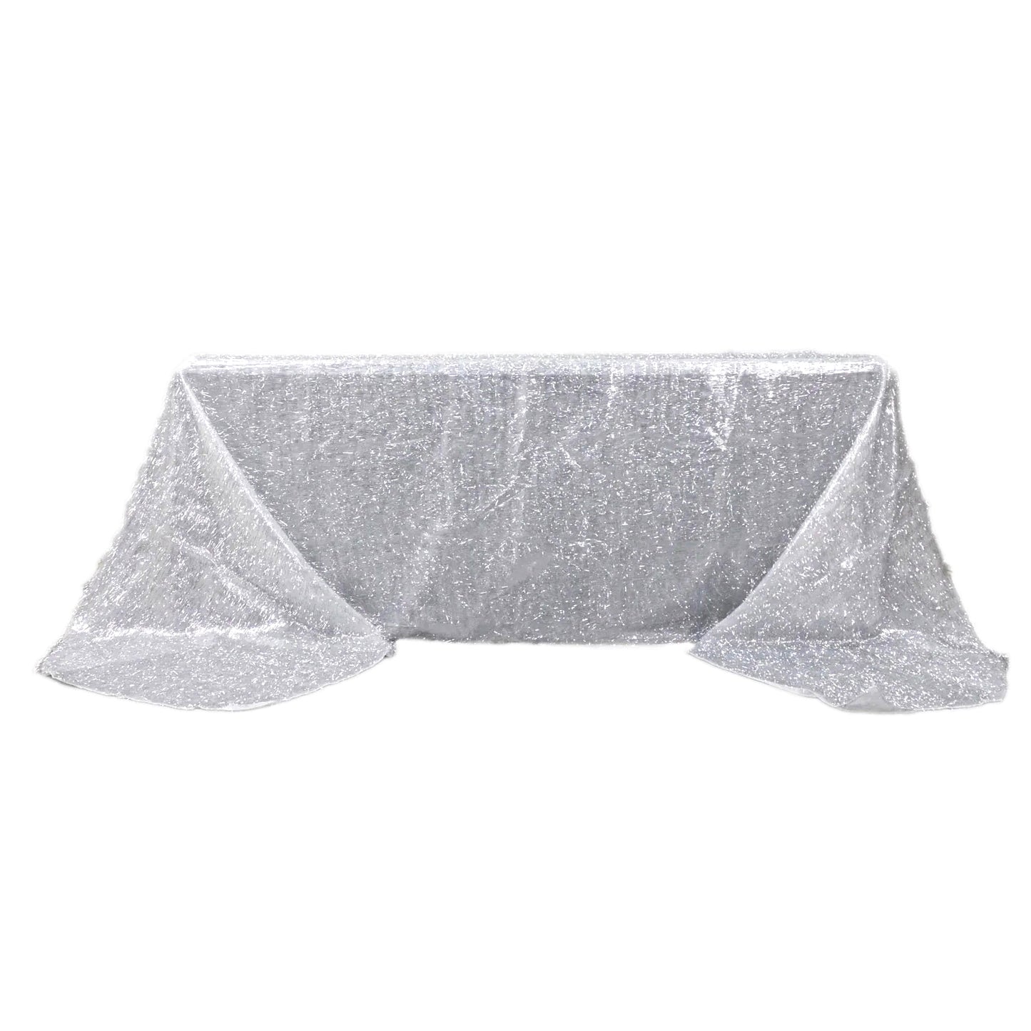 90"x156" Metallic Silver Premium Tinsel Shag Rectangular Tablecloth, Shimmery Metallic Fringe Polyester Tablecloth