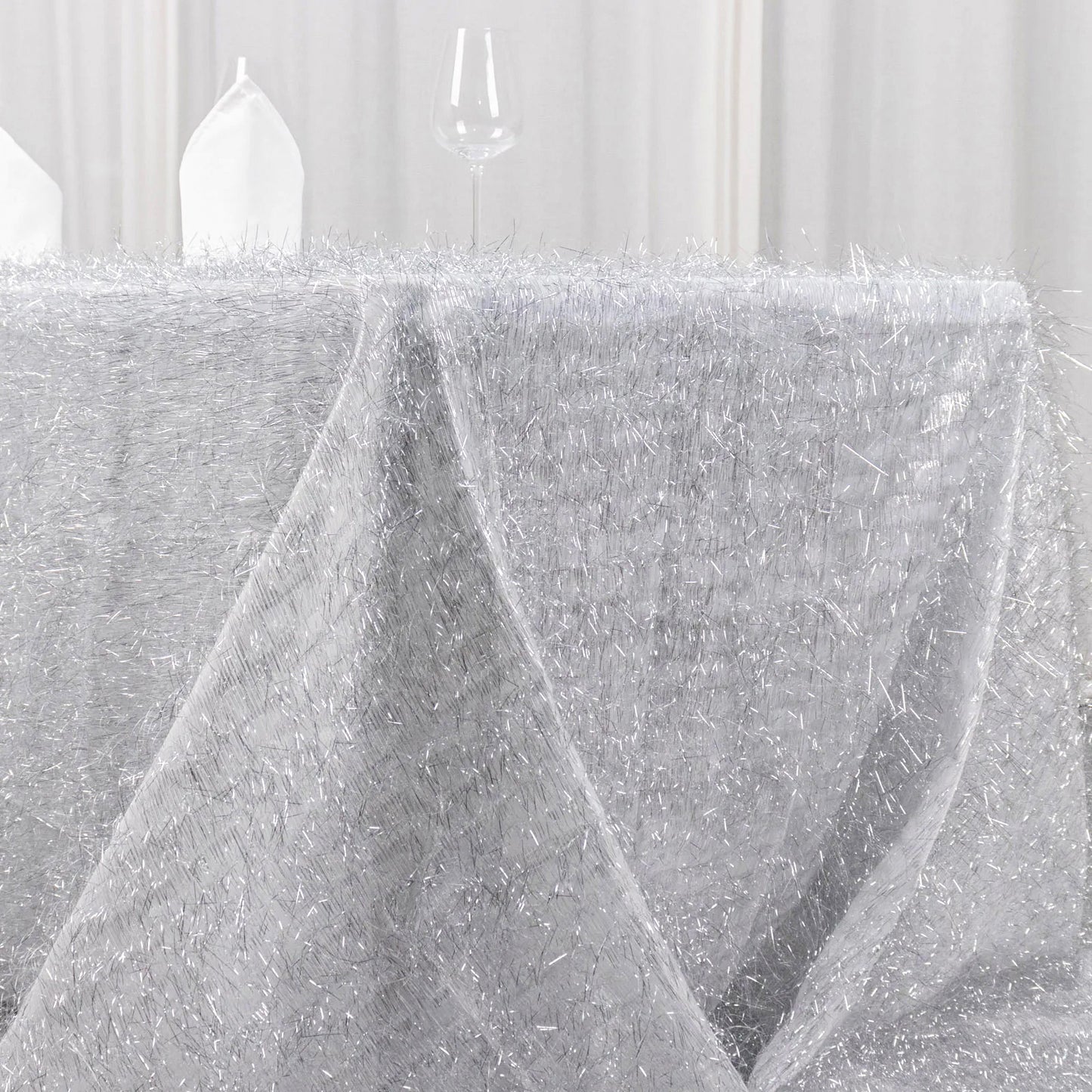 90"x156" Metallic Silver Premium Tinsel Shag Rectangular Tablecloth, Shimmery Metallic Fringe Polyester Tablecloth