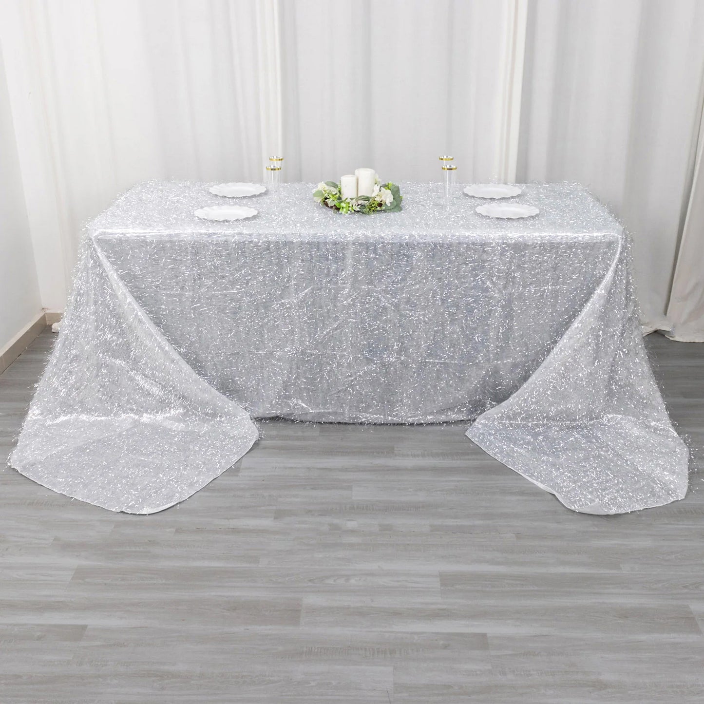 90"x156" Metallic Silver Premium Tinsel Shag Rectangular Tablecloth, Shimmery Metallic Fringe Polyester Tablecloth