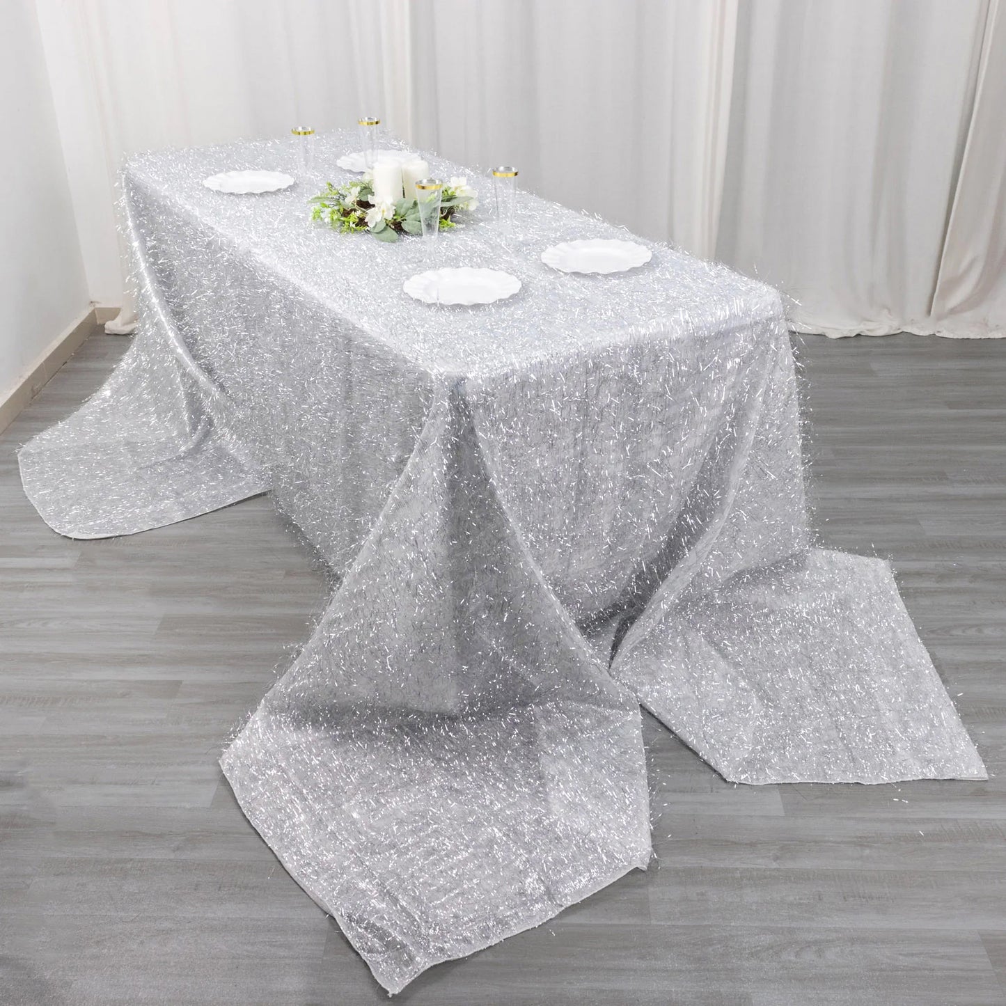 90"x156" Metallic Silver Premium Tinsel Shag Rectangular Tablecloth, Shimmery Metallic Fringe Polyester Tablecloth