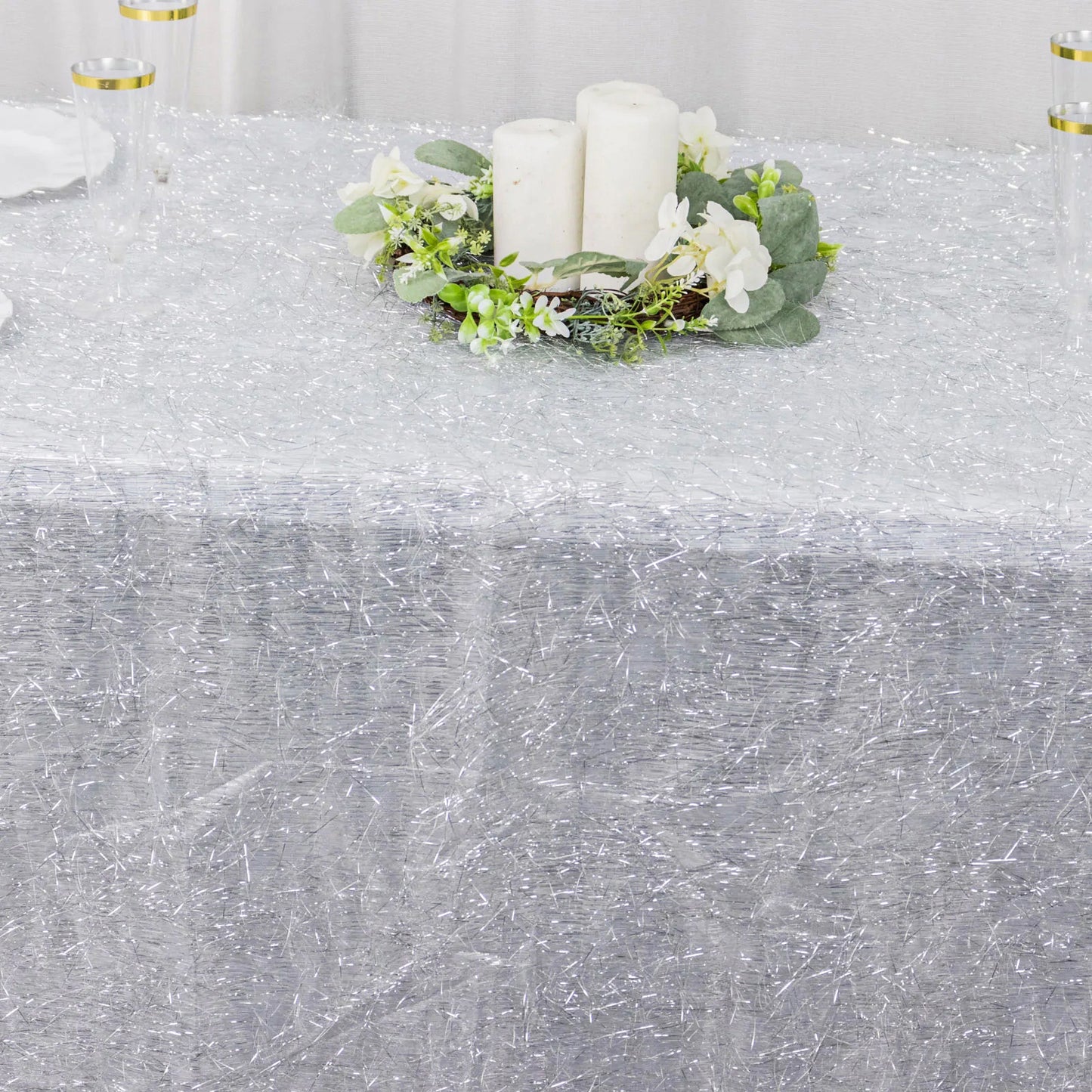 90"x156" Metallic Silver Premium Tinsel Shag Rectangular Tablecloth, Shimmery Metallic Fringe Polyester Tablecloth